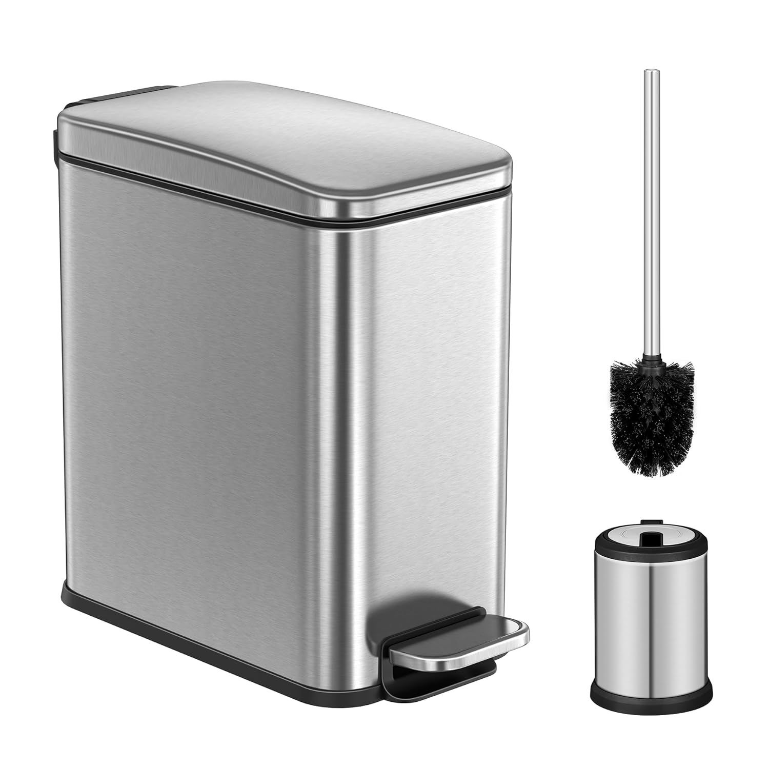 SONGMICS Bathroom Trash Can and Toilet Brush Set, 1.3 Gallon Small Trash Bin with Lid, Slim for Small Spaces, Stainless Steel Garbage Can, Soft Close, Silver ULTB560E0501