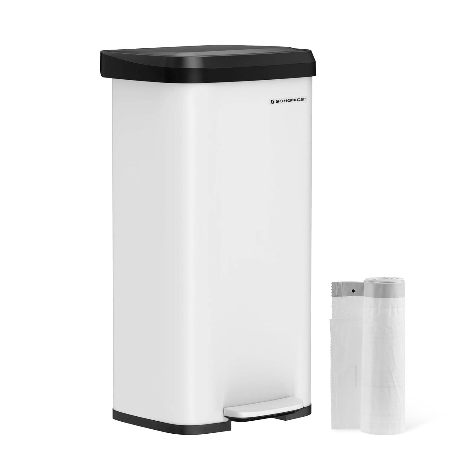 SONGMICS Kitchen Trash Can, 18-Gallon Stainless Steel Garbage Can, with Stay-Open Lid and Step-on Pedal, Soft Closure, Tall, Large and Space-Saving, White and Black ULTB520W68