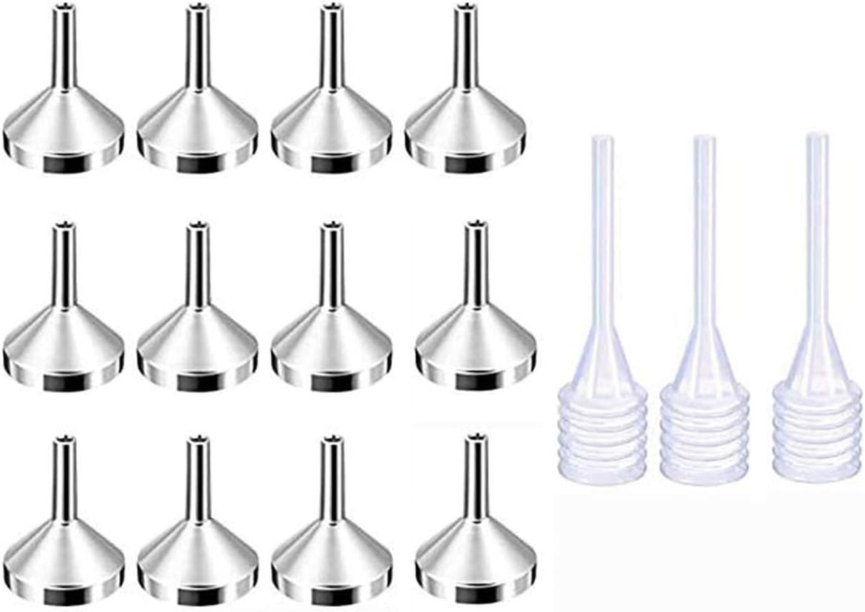 12 Pcs 1.5 Inch x 1 Inch Small Metal Funners with 3 Pcs 2.6 Inch Pipette for Filling Bottle and Containers, Oil and Liquid Tranfer (Silver Funnels 12pcs  3pcs Mini Pipette)