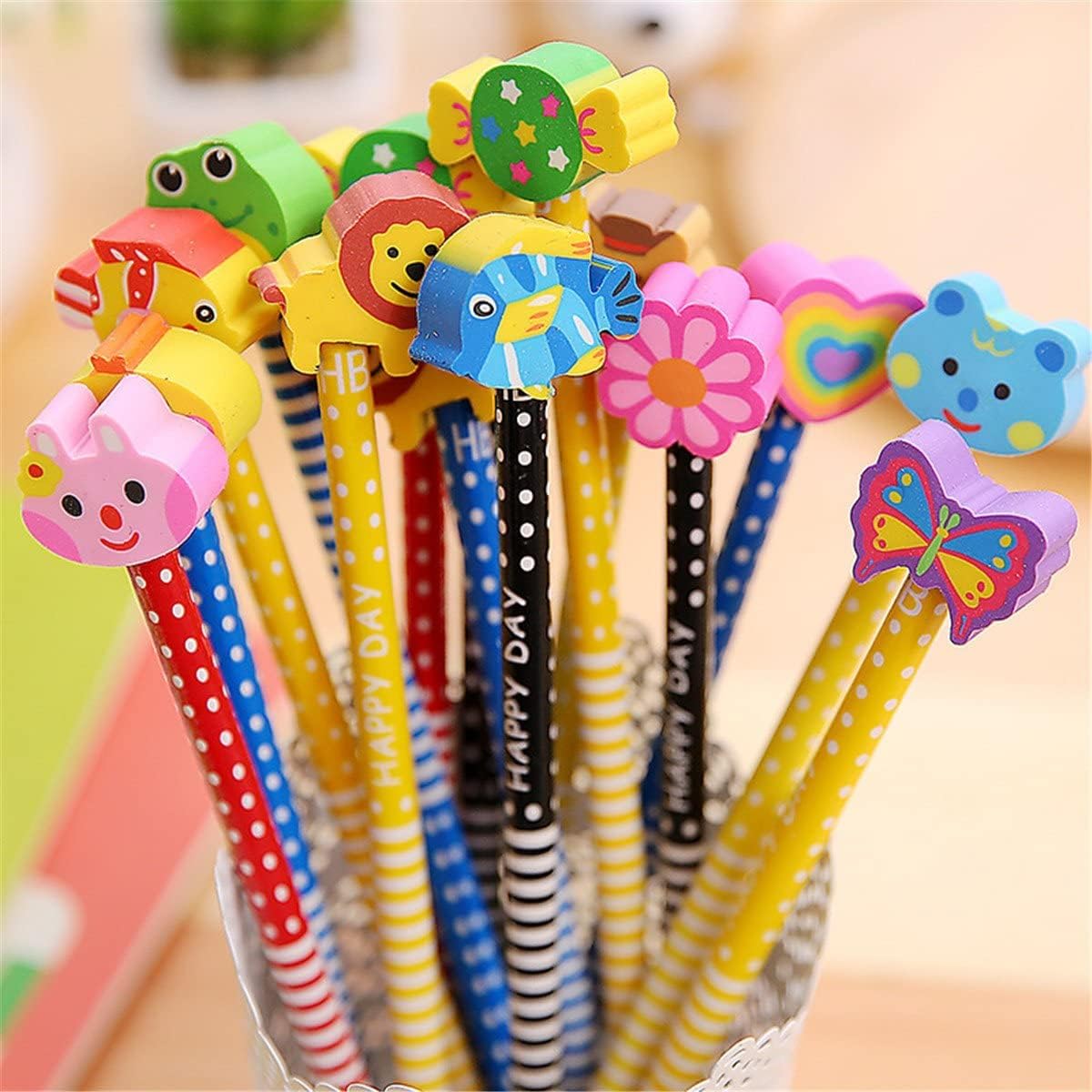 Yansanido Pack of 20 Colorful 7.28 Inch Length Random Cartoon Eraser Pencils, Cute Pencils for Office, School Supplies Students Children Gift (20)