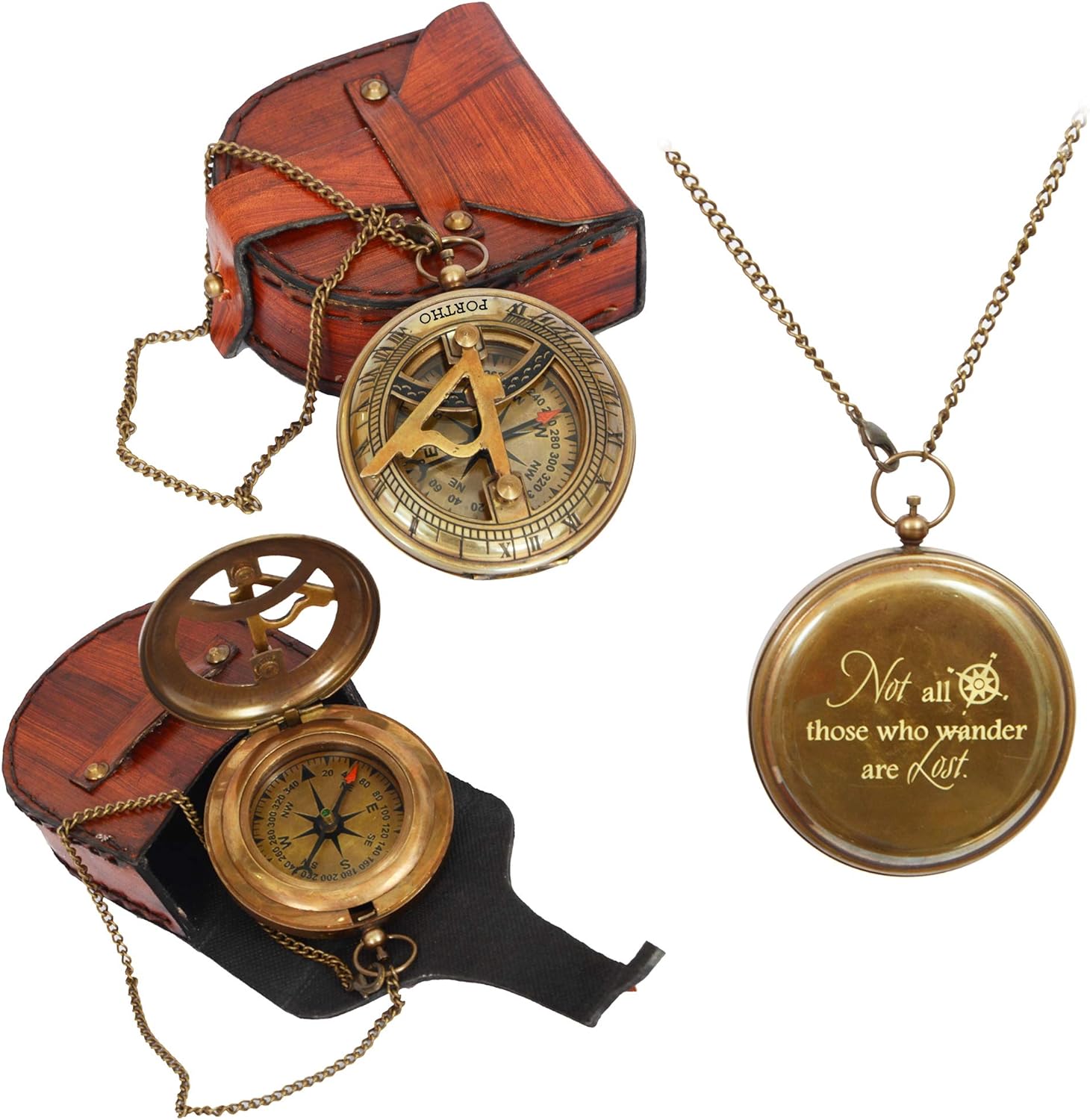 PORTHO Engraved Sundial Compass with Leather case for Traveler Inspirational Adventurer Wedding Baptism Gift for him