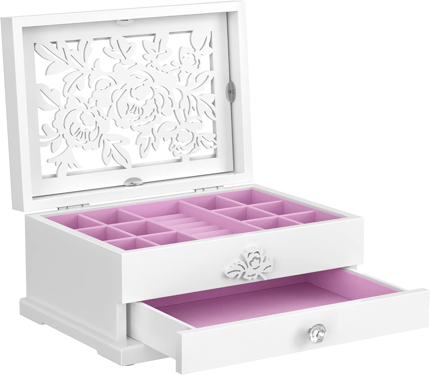 SONGMICS Jewelry Box, 2-Tier Jewelry Organizer with Flower Carvings, Drawer, Gift for Loved Ones, Kids, Jewelry Storage Case for Rings, Earrings, Necklaces, Bracelets, White UJOW201