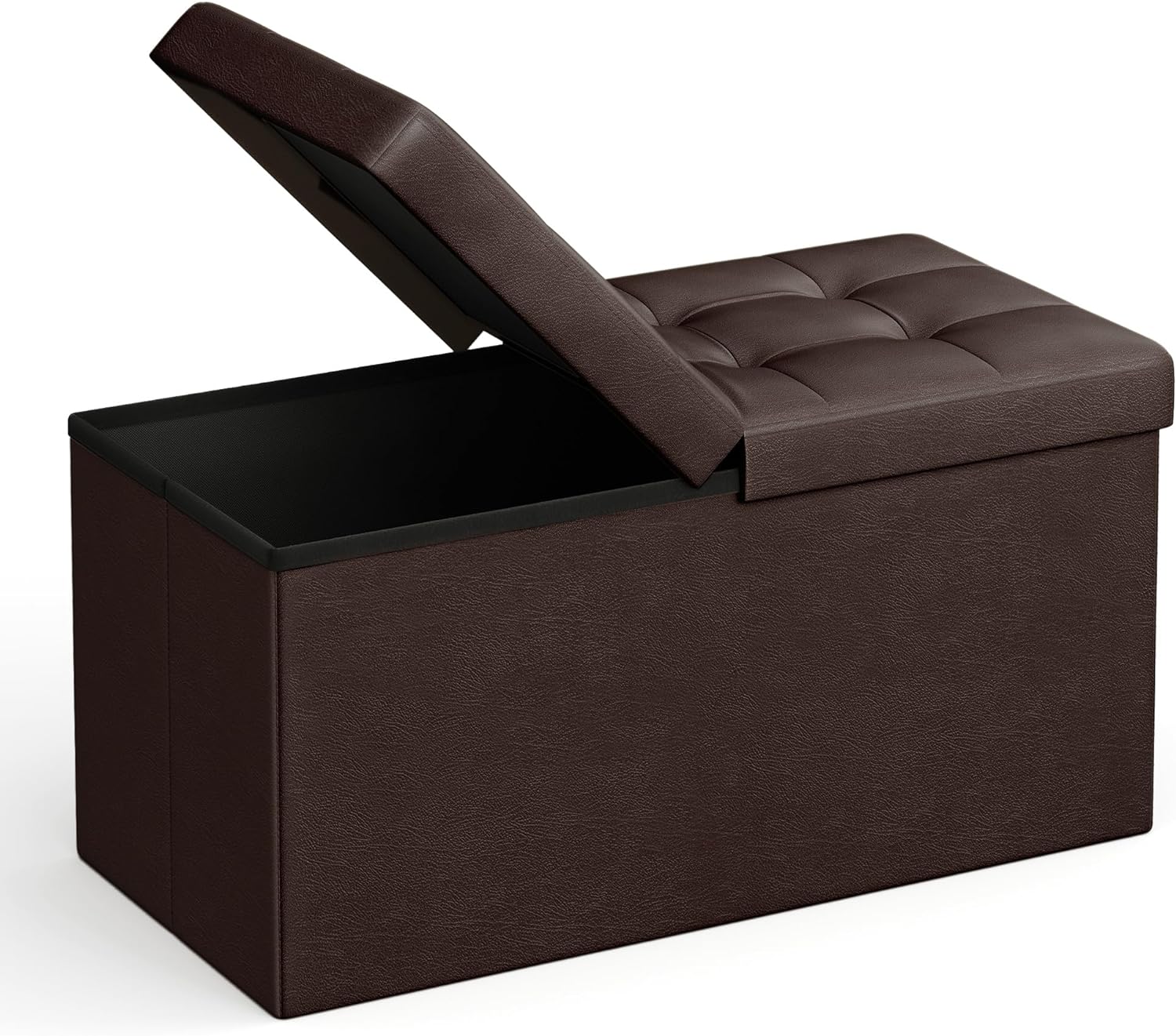 SONGMICS 30 Inches Folding Storage Ottoman Bench with Flipping Lid, Storage Chest Footstool, Faux Leather, Brown ULSF45BR