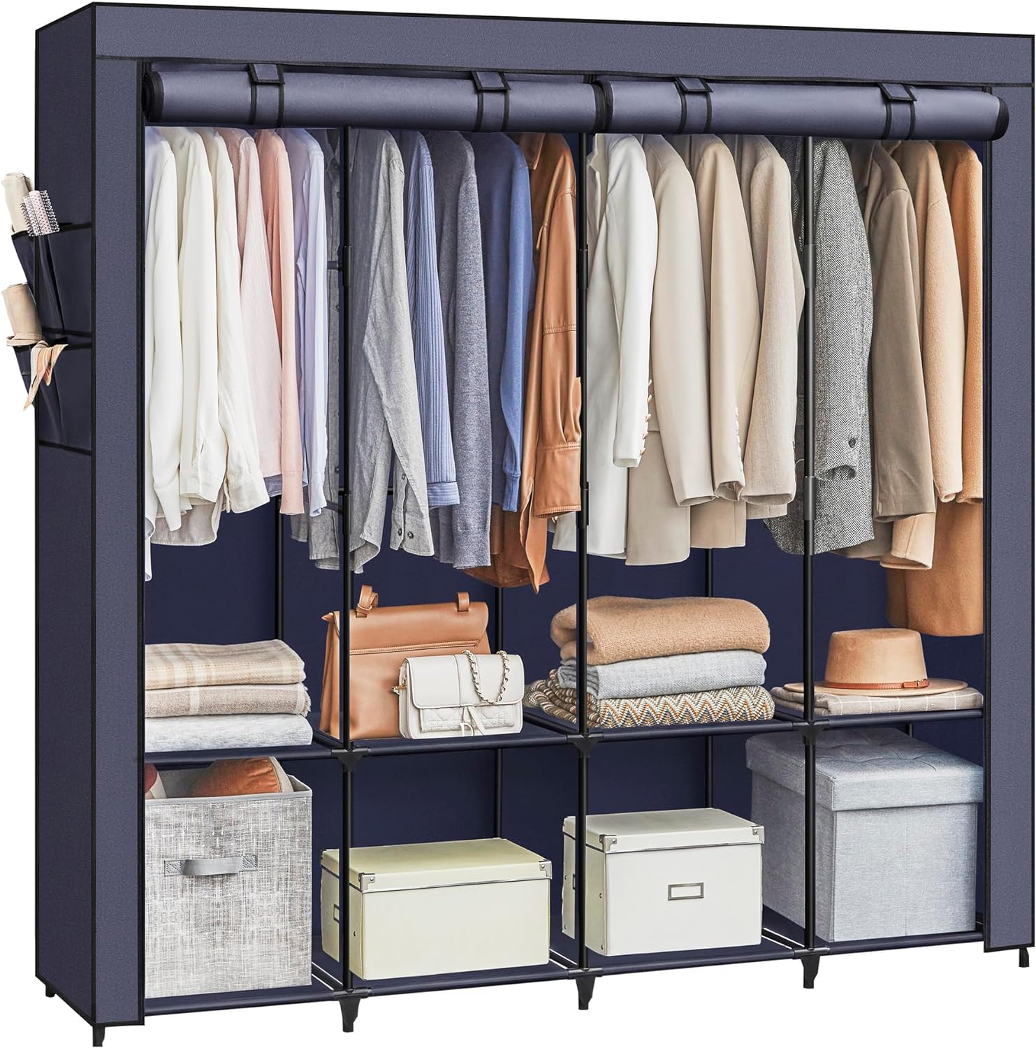 SONGMICS Portable Closet, Wardrobe Closet Organizer with Cover, 4 Hanging Rods and Shelves, 4 Side Pockets, 66.9 x 17.7 x 65.7 Inches, Large Capacity for Bedroom, Living Room, Dark Blue URYG094I02