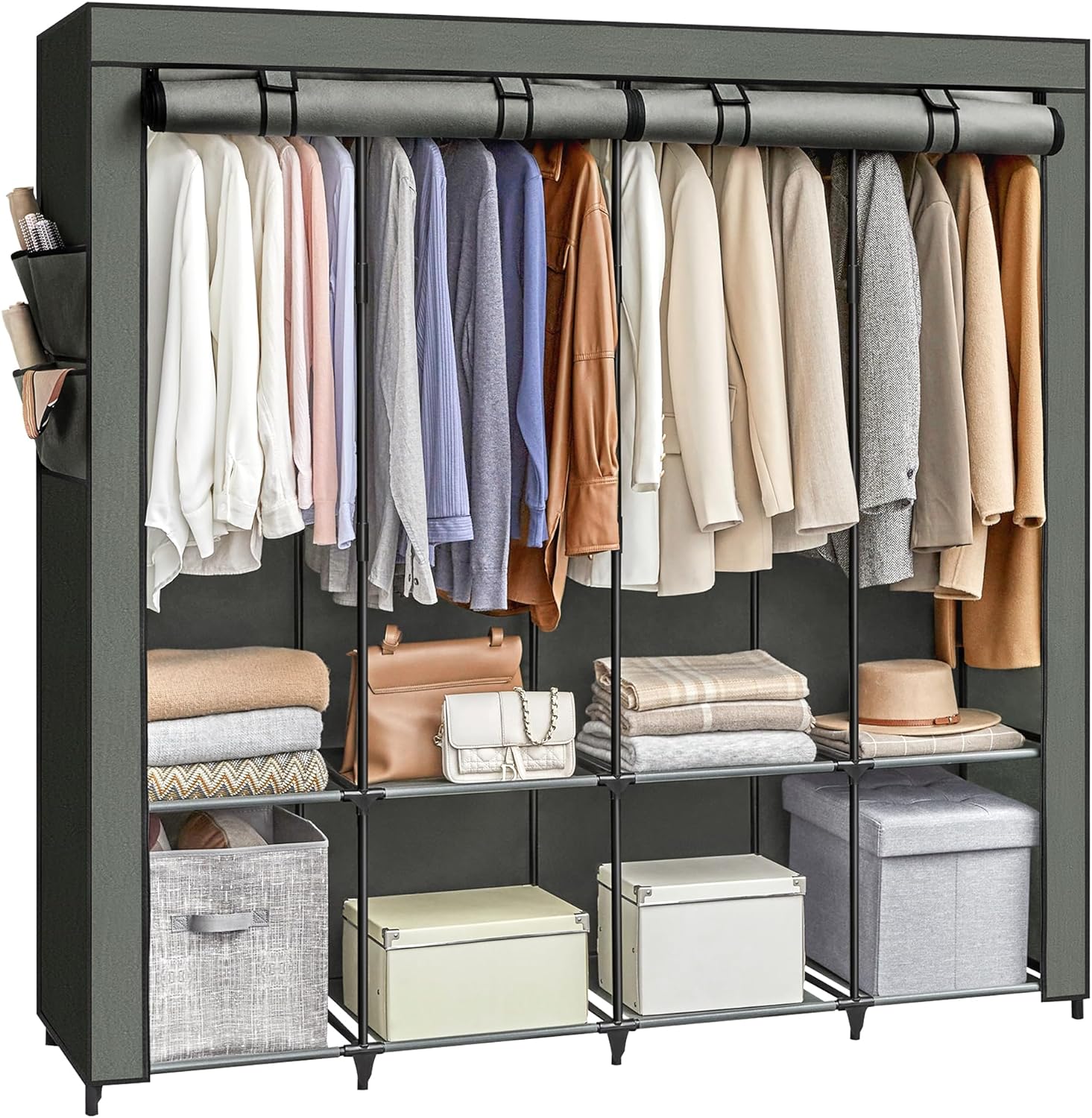 SONGMICS Portable Closet, Wardrobe Closet Organizer with Cover, 4 Hanging Rods and Shelves, 4 Side Pockets, 66.9 x 17.7 x 65.7 Inches, Large Capacity for Bedroom, Living Room, Sage Green URYG094C02