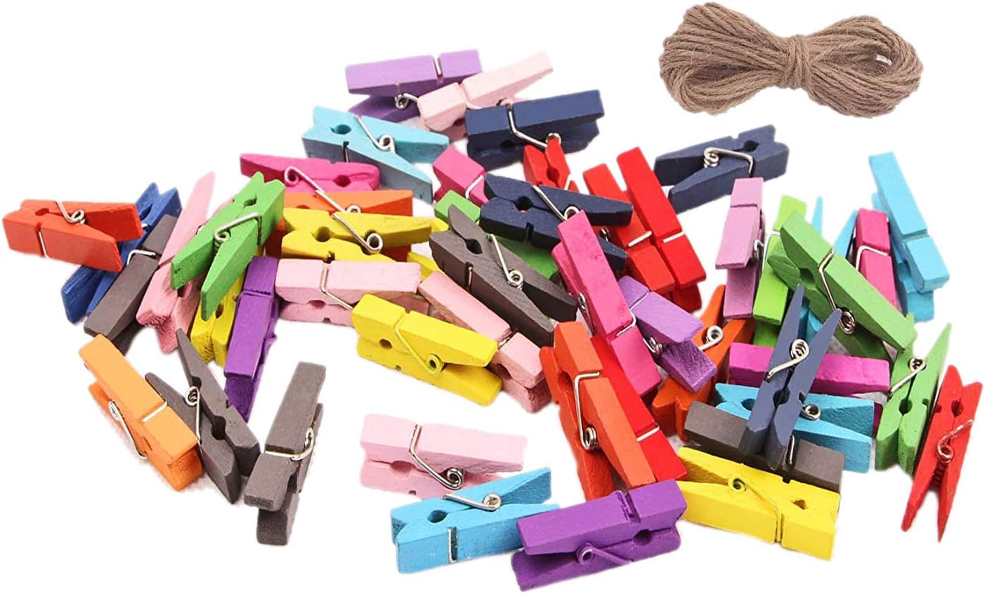 Wooden Clothes Pins, 100pcs 1.3Inch (3.5cm) 10 Colored Small Wooden Chip Clips with 33 Feet Jute Twine for Bag Clips Clothespin Bag Clothes Pin Heavy Duty Outdoor(Mixed Colored)