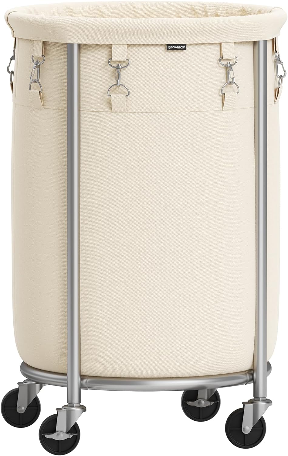 SONGMICS Laundry Basket with Wheels, Rolling Laundry Hamper, 18.5 Gal., Round Laundry Cart with Steel Frame and Removable Bag, 4 Casters and 2 Brakes, Cream and Silver URLS006W01