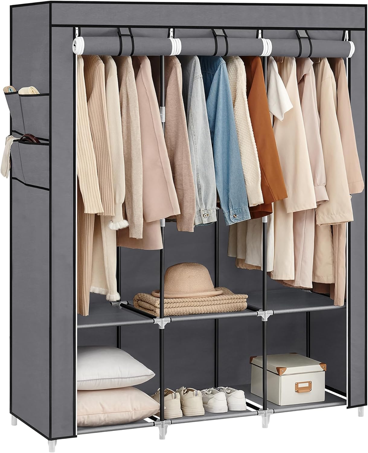 SONGMICS Portable Closet, Wardrobe Closet Organizer with Cover, 3 Hanging Rods and Shelves, 4 Side Pockets, 51.2 x 17.7 x 65.7 Inches, Large Capacity for Bedroom, Living Room, Gray URYG092G02