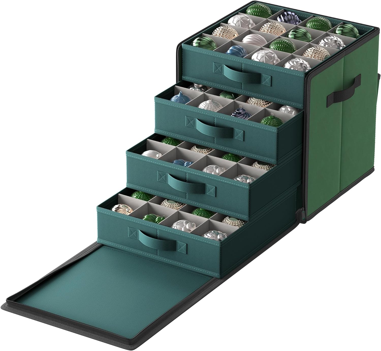 SONGMICS Christmas Ornament Storage Box, with Side Open, Stackable Christmas Storage Container with Lid, 4 Drawer Trays, 600D Oxford, 3-Inch 64 Slots, Forest Green URFB037C01