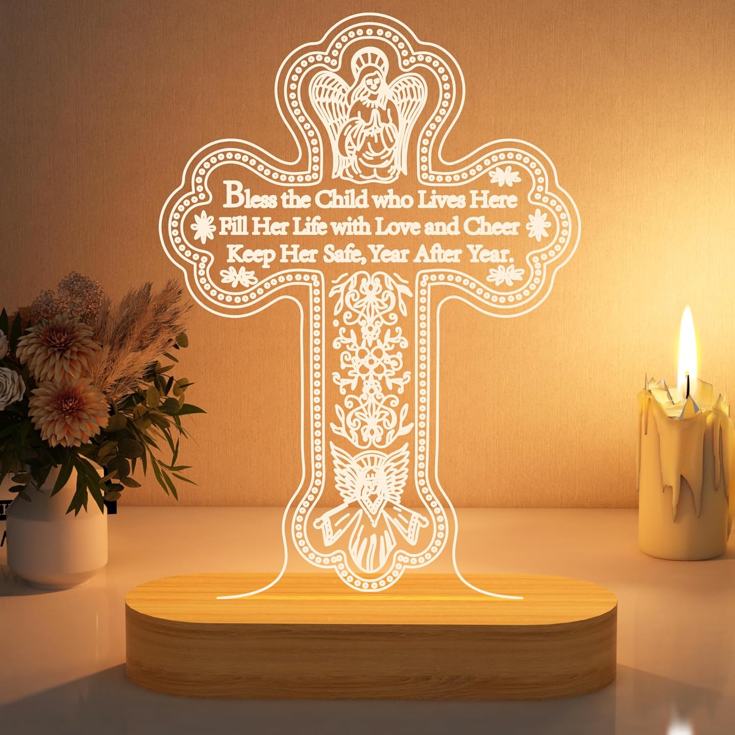 YuanDian Baptism Gift for Girls, Bless The Child Wooden Lamp Cross Night Light, Kids Decoration Novelty Lamp USB Power Bedroom Decor Christening Dedication Gift Godparents Gifts for Baptism