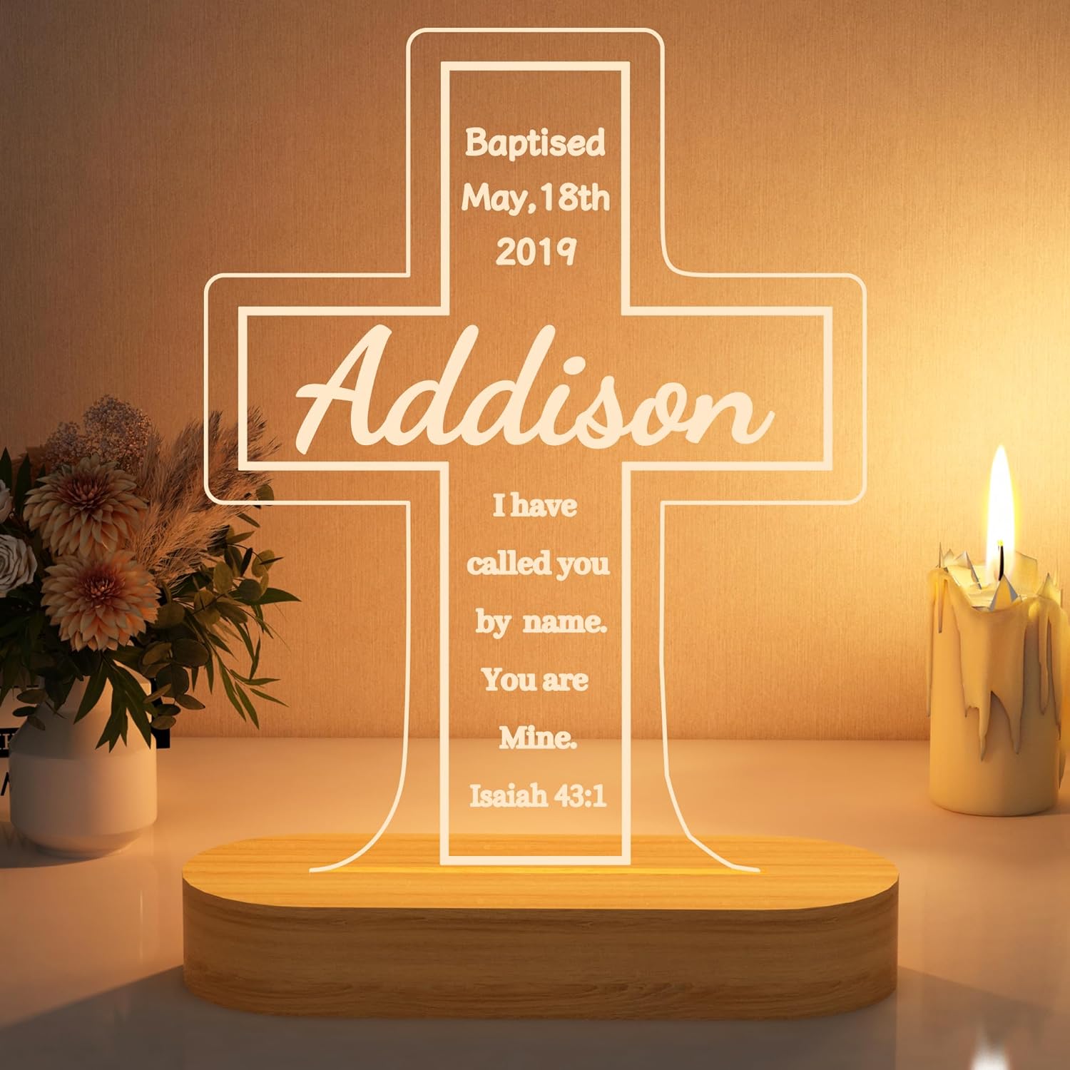 YuanDian Personalised Baptism Gift for Boys, Customize Bless The Child Cross Wooden Lamp Novelty Night Light for Kids, Decoration USB Bedroom Decor Christening Dedication Gift Godparents Gifts