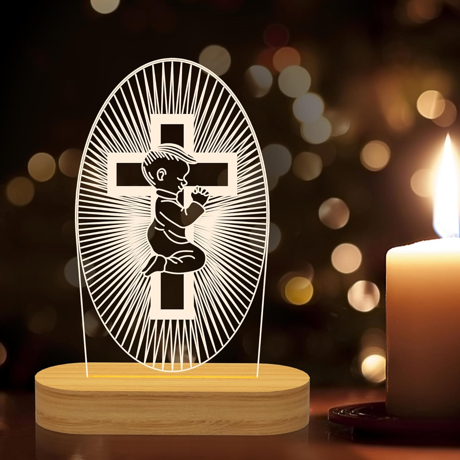 YuanDian Baptism Gift for Boys, Cross Wooden Lamp Night Light for Kids, Kids Decoration Novelty USB Power Bedroom Decor Christening Dedication Gift Godparents Gifts for Baptism