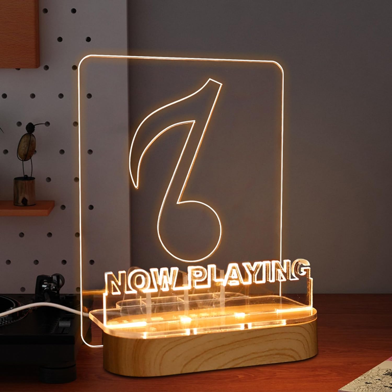 YuanDian Light up Now Playing Vinyl Record Stand, Now Spinning Record Stand, Wooden Acrylic Holder for Vinyl Album Display Storage, Vinyl Record LED Display Storage Collection Holder with USB Powered