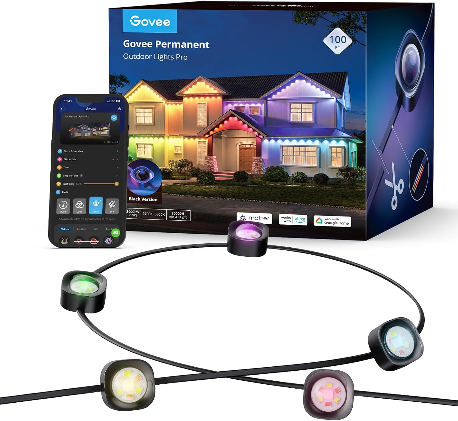 Govee Permanent Outdoor Lights Pro, 100ft with 60 RGBIC LED Lights for Daily and Accent Lighting, 75 Scene Modes, IP67 Waterproof, Works with Alexa, Google Assistant, Matter, Black Version