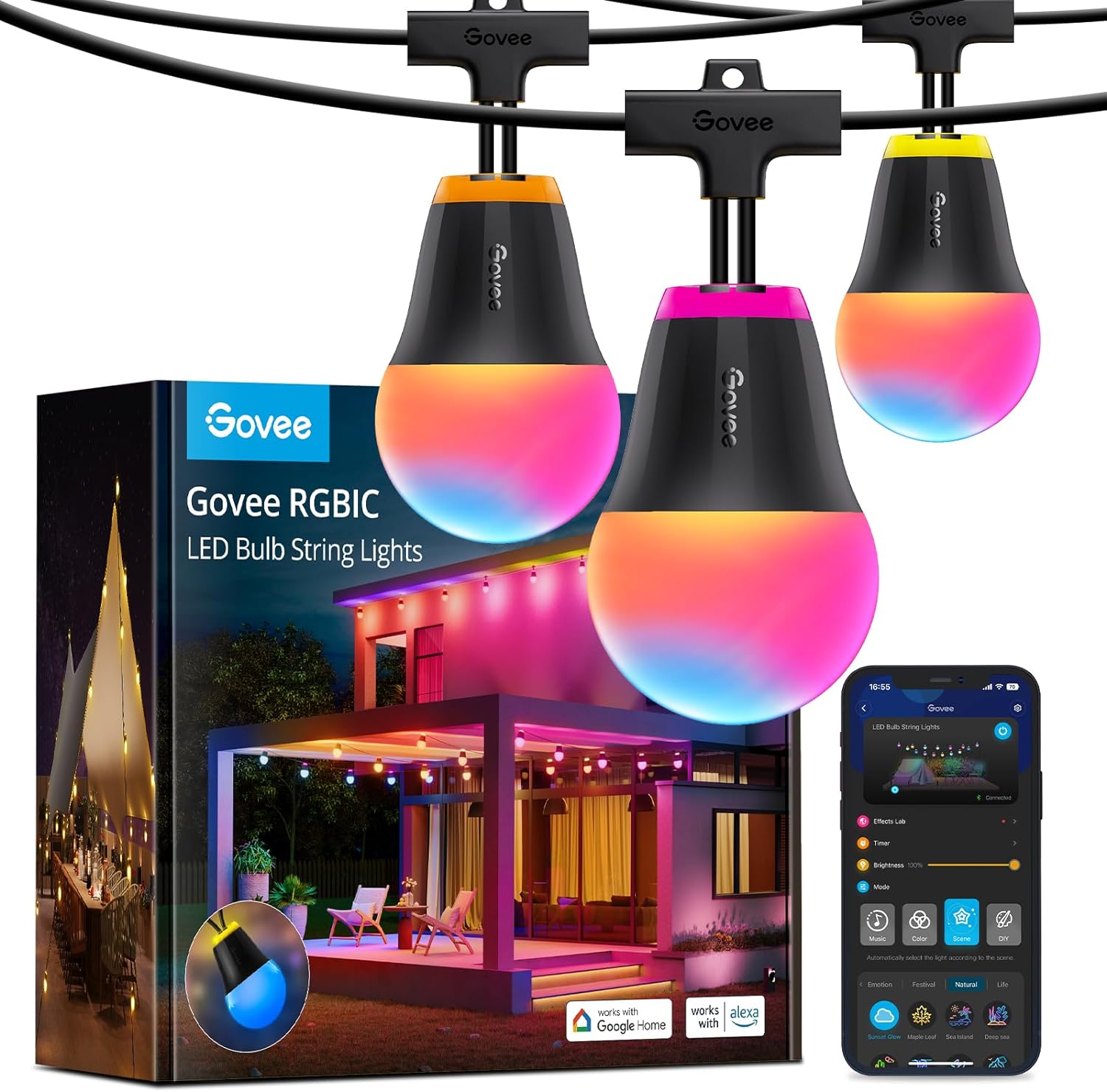 Govee Outdoor String Lights H1, 50ft RGBIC Outdoor Lights with 15 Dimmable Warm White LED Bulbs, Smart Outdoor Lights with 60 Scene Mode, IP65 Waterproof, Work with Alexa for Party, Daily