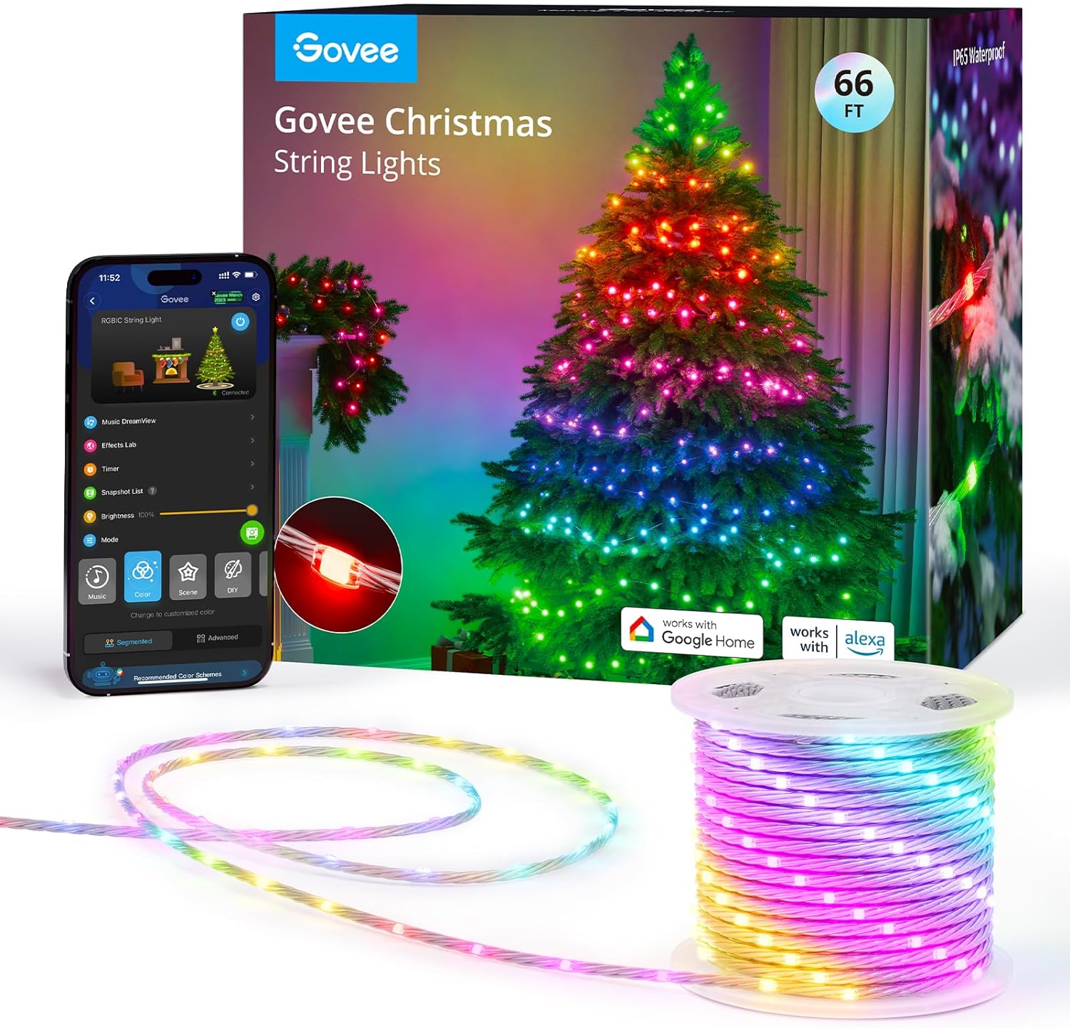 Govee Christmas Lights, Smart RGBIC Christmas Tree Lights, 99  Holiday Scene Modes, 66ft with 200 LEDs String Lights Outdoor, IP65 Waterproof, Sync with Music, Works with Alexa, New Year Decor