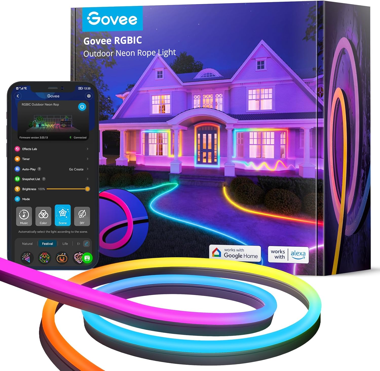 Govee Outdoor Neon Rope Lights, 32.8ft RGBIC IP67 Waterproof Christmas Decorations with 64 Scene Modes, Music Sync, Flexible LED Christmas Lights, Holiday Lights Work with Alexa, Google Assistant