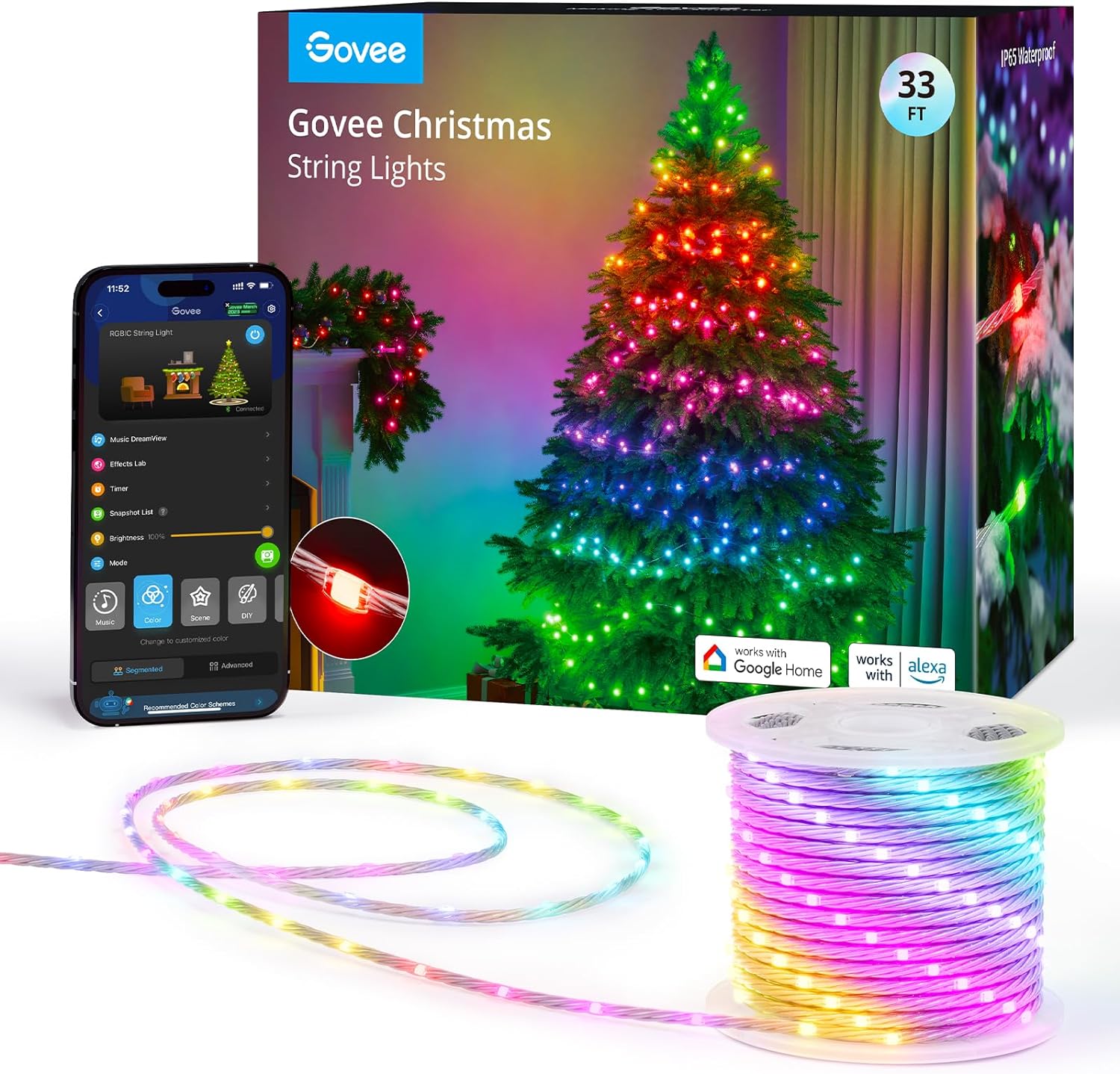 Govee Christmas Lights, Smart RGBIC Christmas Tree Lights, 99  Holiday Scene Modes, 33ft with 100 LEDs String Lights Outdoor, IP65 Waterproof, Sync with Music, Works with Alexa, New Year Decor