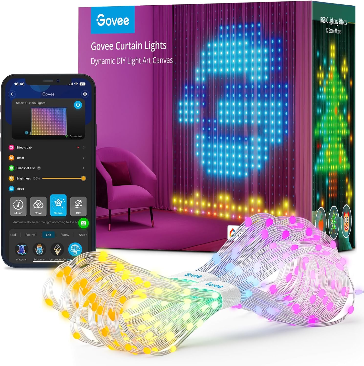 Govee Curtain Lights, WiFi Smart Curtain Lights LED, Color Changing Window Lights, Dynamic DIY Curtain String Lights for Bedroom Wall, Outdoor IP65 Waterproof, 5 x 6.6ft, 520 RGBIC LEDs