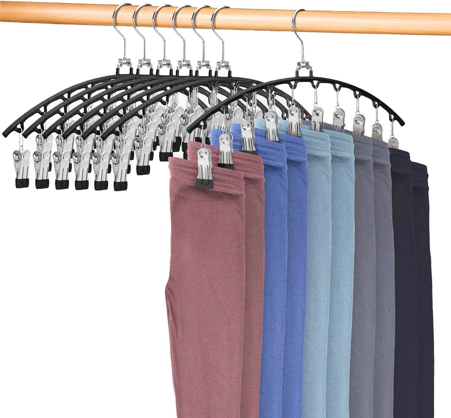 7 Pack Legging Organizer for Closet, ZOUTOG Pants Hangers with 10 Clips, Space Saving Closet Organizers and Storage Non Slip Trousers Hangers for Shorts, Shirts, Dresses, Kids Clothes & More, Black