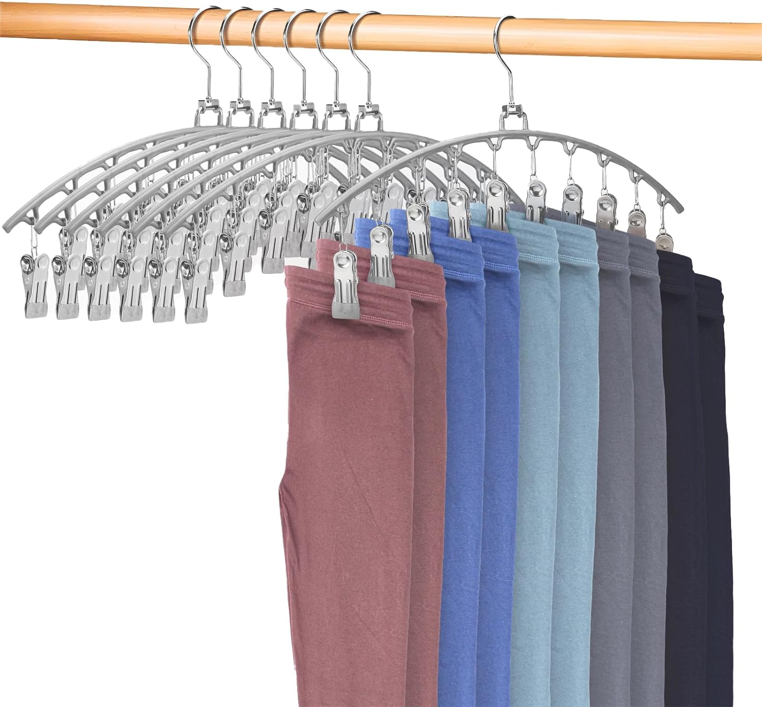 7 Pack Legging Organizer for Closet, ZOUTOG Pants Hangers with 10 Clips, Space Saving Closet Organizers and Storage Non Slip Trousers Hangers for Shorts, Shirts, Dresses, Kids Clothes & More, Gray