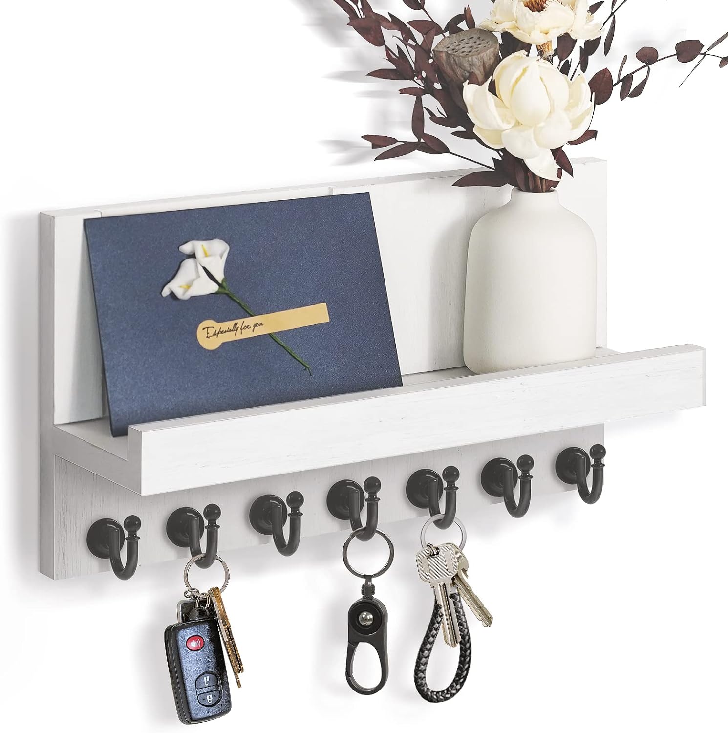 HONJIN Key Holder for Wall: Upgraded 7 Sturdy Key Hooks Easy Installation Mail Organizer Wall Mount Hanging Key Rack for Kitchen and Entryway Decor