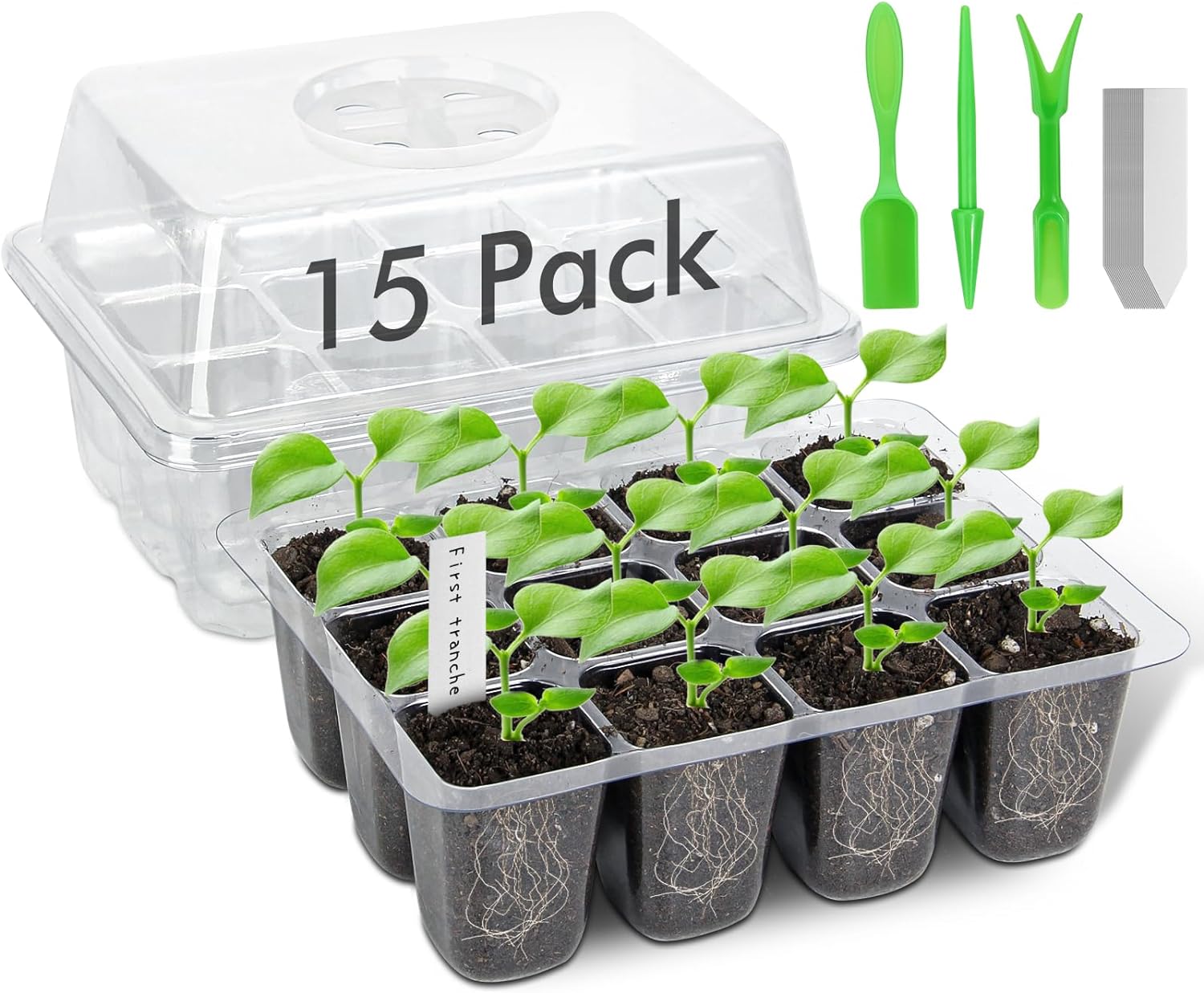 ZOUTOG Seed Starter Tray, 15 Pack 180-Cell Reusable Seed Starter Kit Plant Germination Trays with Humidity Dome and Drainage Hole, Bonus 3 Seedling Tools & 100 Plant Labels, Indoor & Outdoor Use