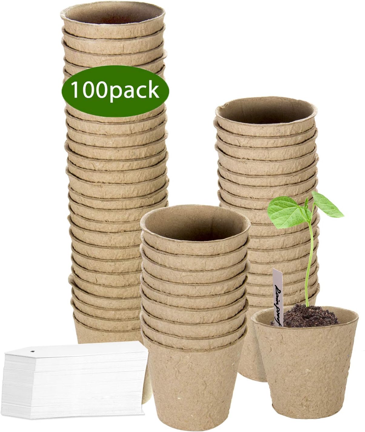 ZOUTOG 3&#39;&#39; Peat Pots, 100 Pack Round Plant Starter Pots Seedling Trays, Bonus 100 Plant Labels