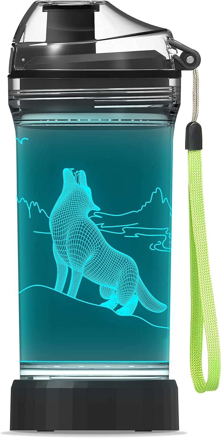 YuanDian Wolf Gifts, Light Up Boy Water Bottle with 3D Animal Wolf Design- 14 OZ Tritan BPA Free Eco-Friendly - Cool Drinking Cups Gift for School Baby Kids Child Christmas Holiday