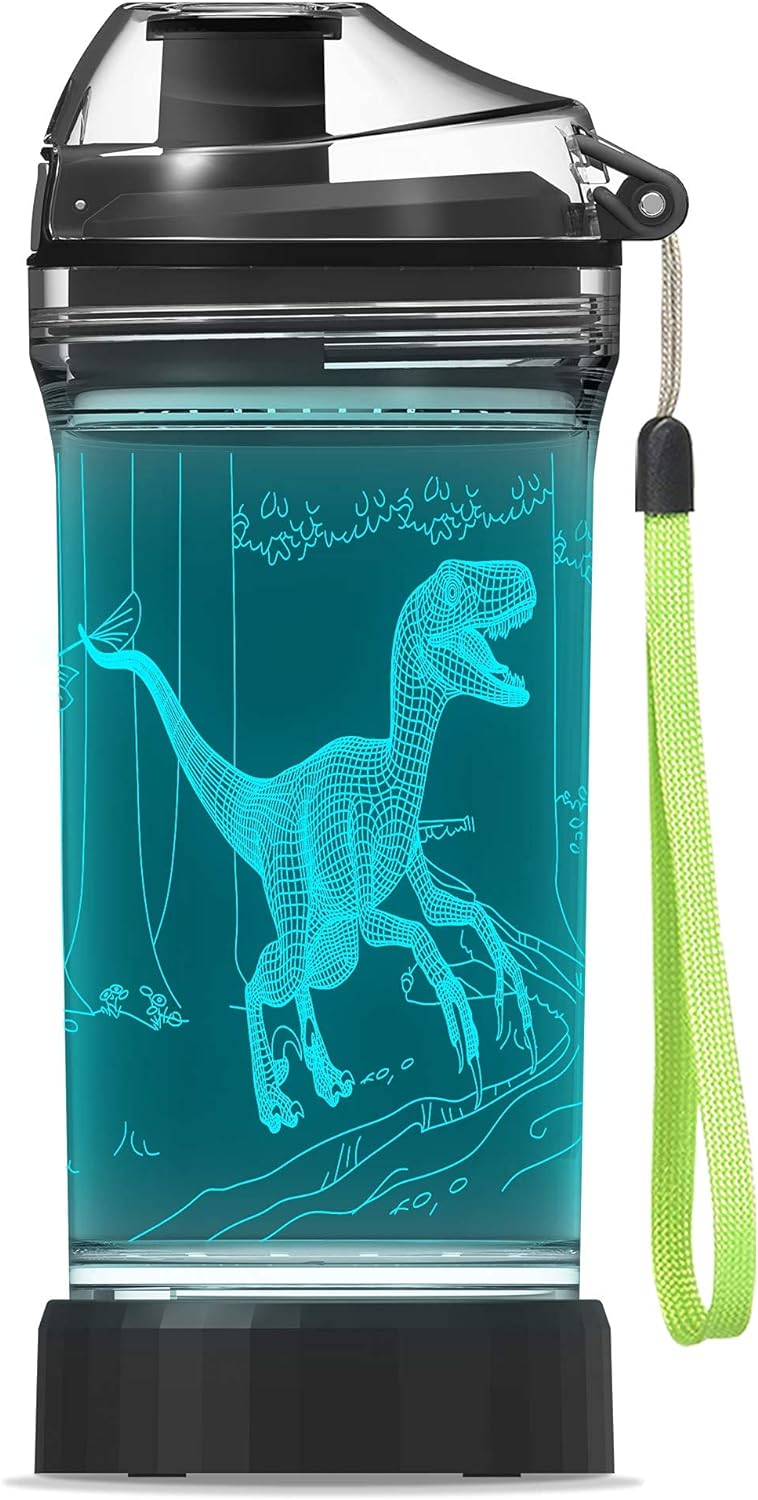 Light Up Dinosaur Water Bottle with Color Changing Night Light- 14 OZ Tritan BPA Free Eco-Friendly - Cute Velociraptor Kids Drinking Cups Gift for School Boy Girl Child Christmas Holiday