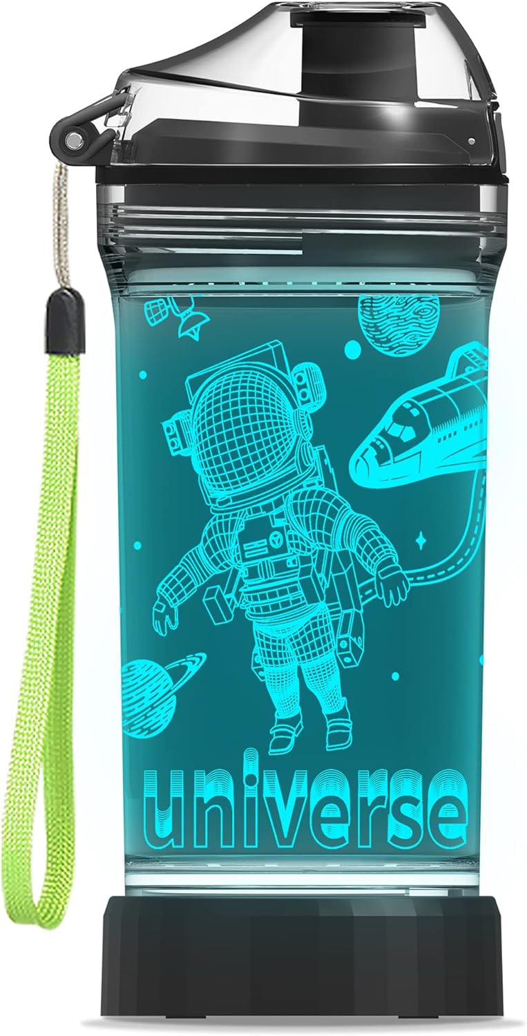 YuanDian Cute Astronaut Water Bottle for School Kids,Spaceman 7 Color Light 3D Glowing Drinking Cups, BPA FREE Tritan & Leak Proof Flip Top Lid & Easy Clean & Carry Handle, 14oz/ 400ml