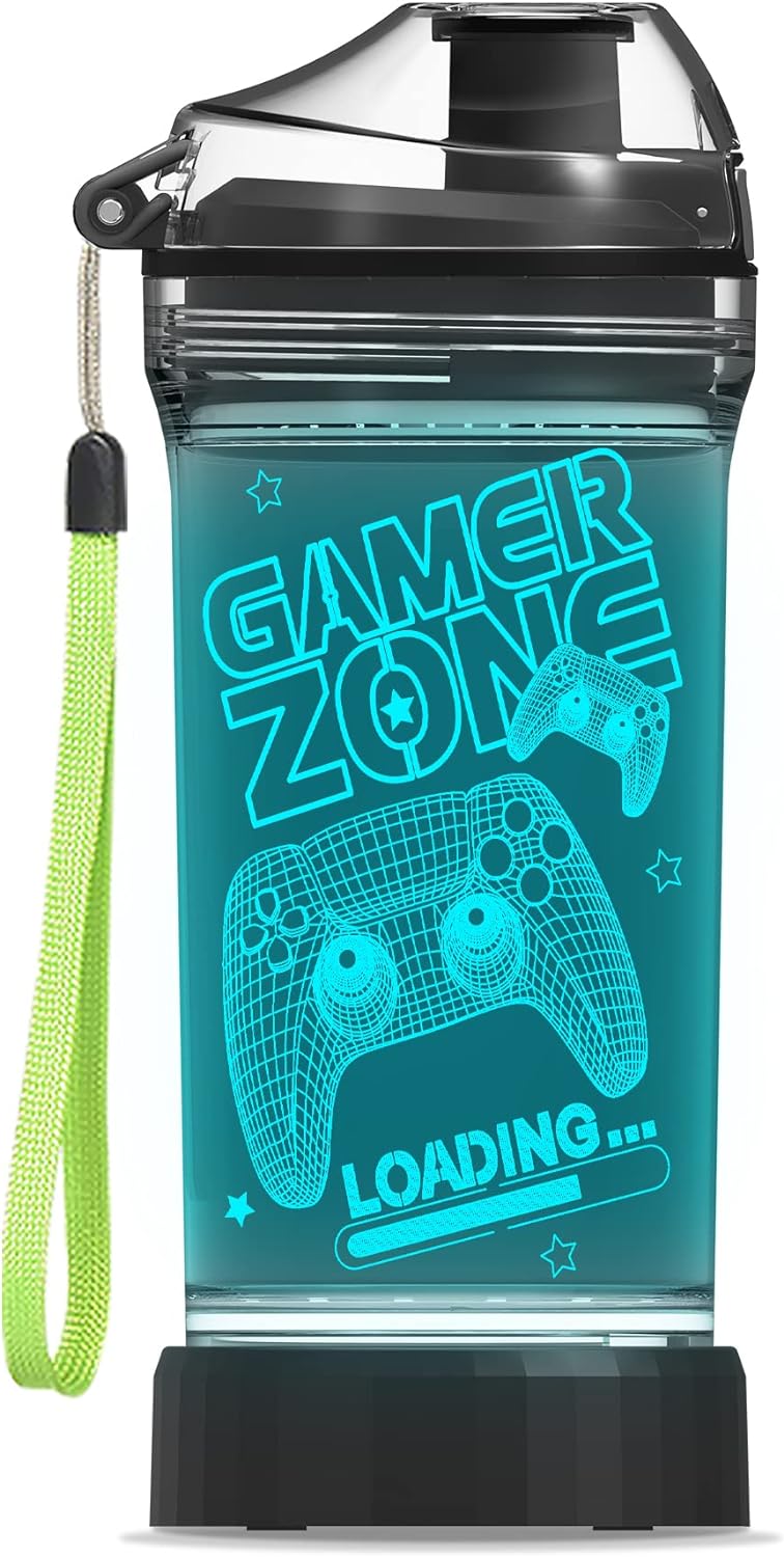 YuanDian Gamer Zone Water Bottle for Boys, Controller 7 Color Lights 3D Light up Drinking Cups Gifts for Gamers Men, BPA Free & Leak Proof Flip Top Lid & Easy Clean & Carry Handle, 14oz/ 400ml