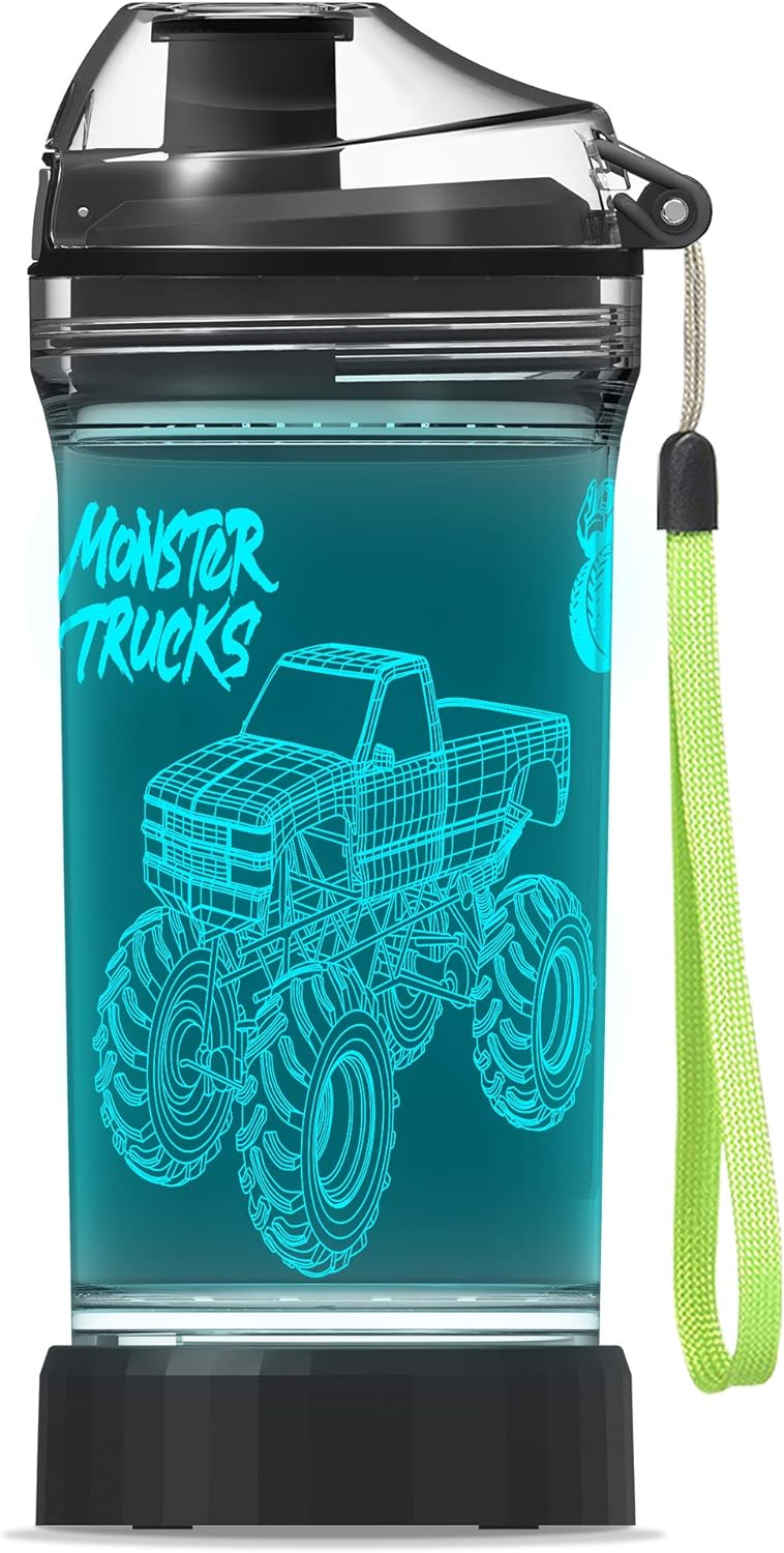 3D Glowing Water Bottle with 3D Monster Truck Design- 14 OZ Tritan BPA Free Eco-Friendly - Cool Drinking Cups Gift for School Kids Boy Girl Child Christmas Holiday