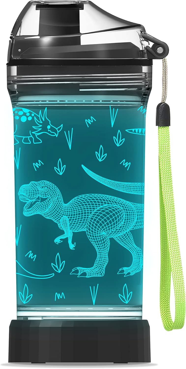 YuanDian Dinosaur Water Bottle, Light Up Boy Drinking Cups with 3D Dinosaur Night Light- 14 OZ Tritan BPA Free Eco-Friendly - Cool Jurassic Merchandise Gift for School Kids Boy Girl