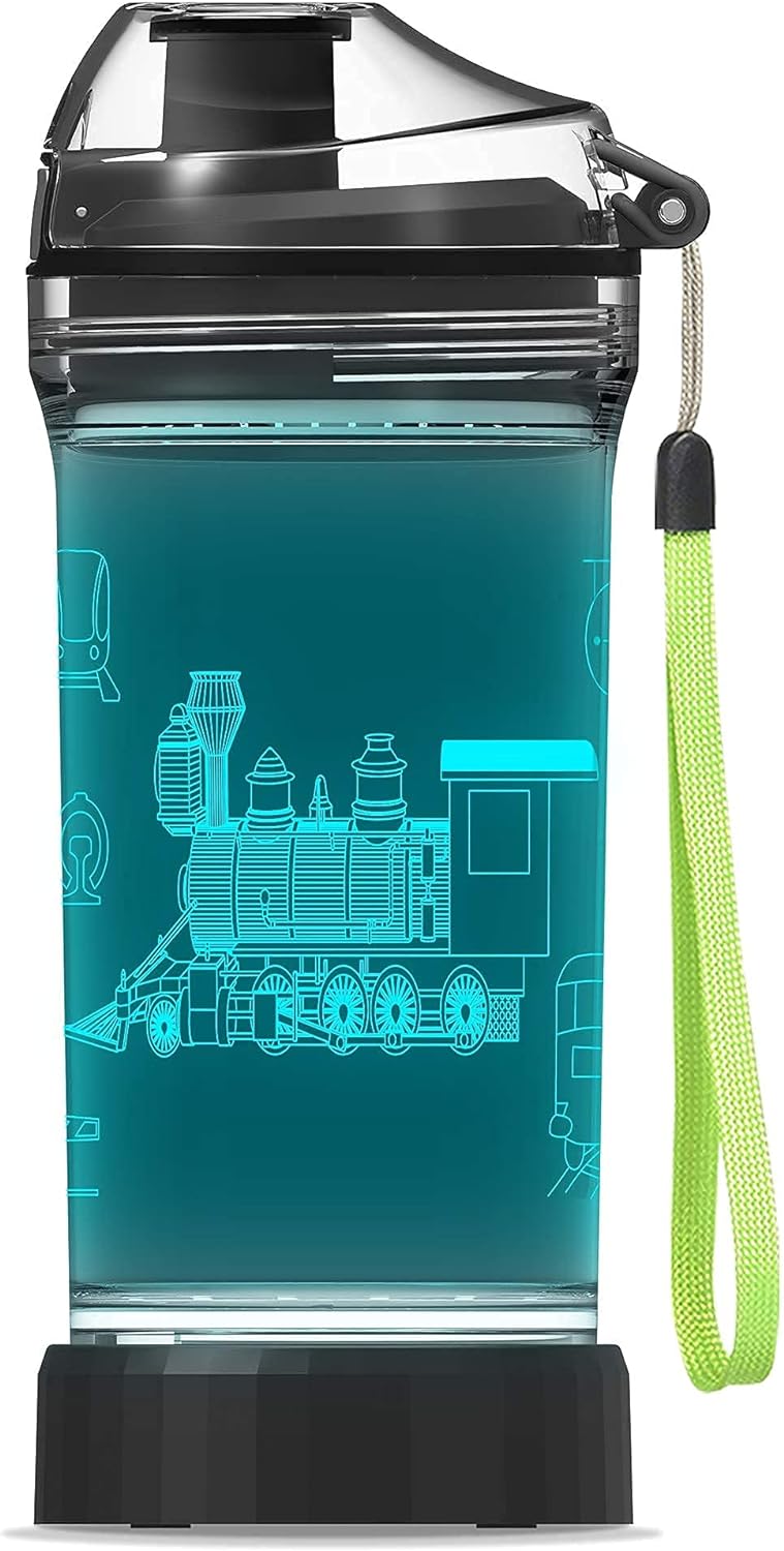 YuanDian Light Up Kids Water Bottle with 3D Train Design- 14 OZ Tritan BPA Free Eco-Friendly - Cool Drinking Cups Gift for School Kindergarten Boys and Girls Christmas Holiday