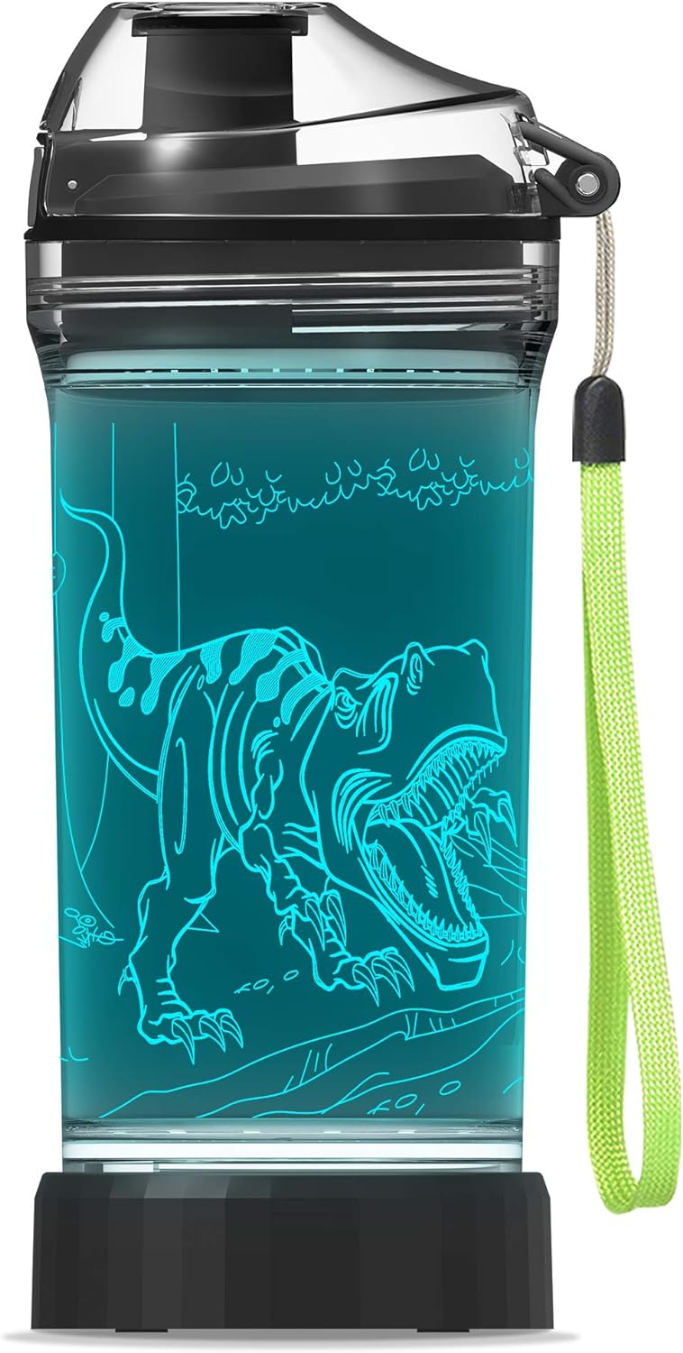 Dinosaur 3D Glowing Water Bottle, Light Up Boy Drinking Cups with 3D Roar T REX Dinosaur Night Light- 14 OZ Tritan BPA Free Eco-Friendly - Cool Jurassic Merchandise Gift for School Kids Boy Girl