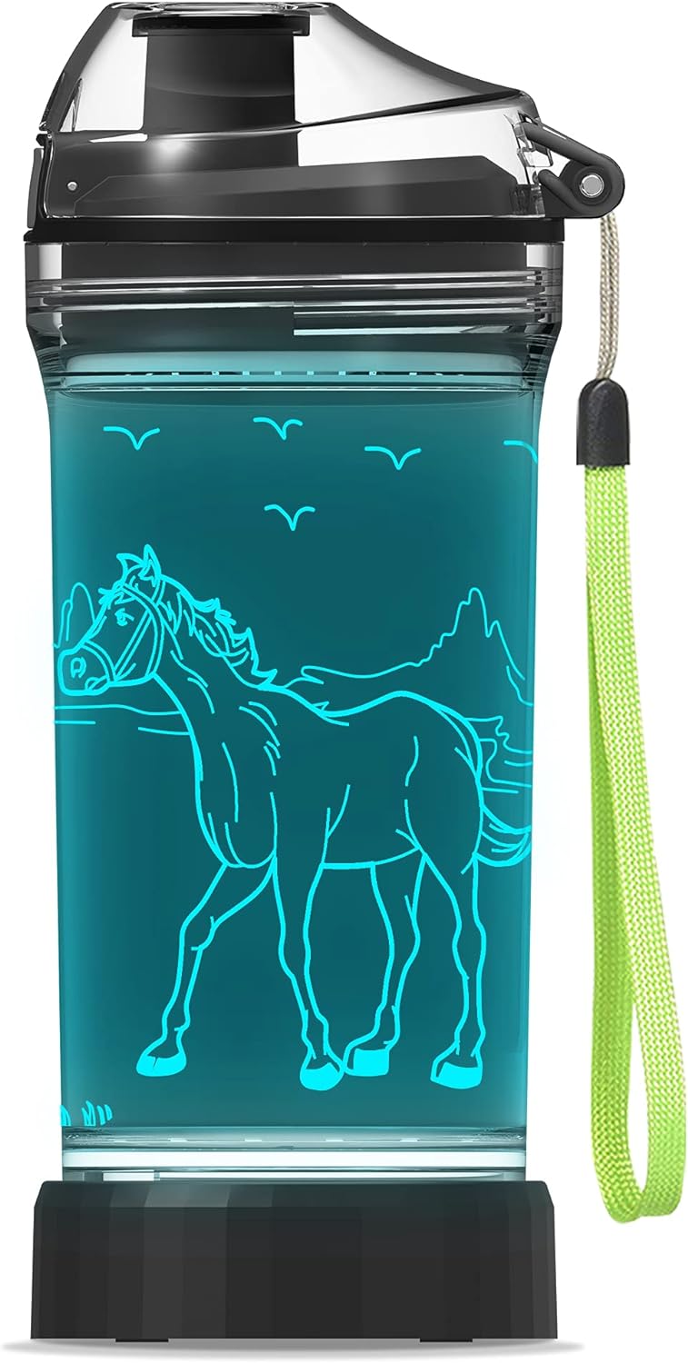 YuanDian Light Up Kids Water Bottle with 3D Horse Design- 14 OZ Tritan BPA Free Eco-Friendly - Cool Drinking Cups Gift for School Kindergarten Boys and Girls