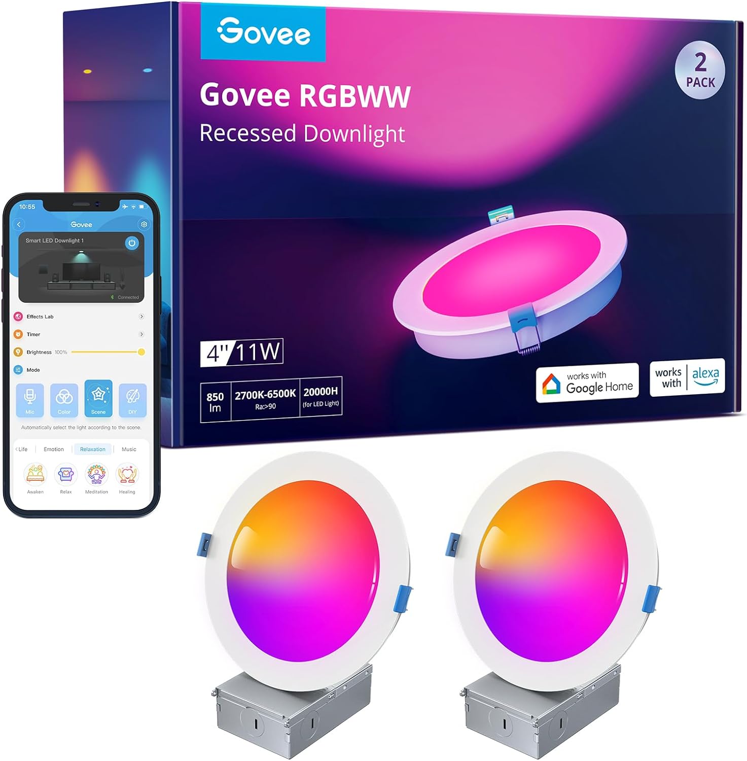 Govee Smart Recessed Lighting 4 Inch, Wi-Fi Bluetooth Direct Connect RGBWW LED Downlight, 65 Scene Mode, Work with Alexa & Google Assistant, LED Recessed Lighting with Junction Box, 850 Lumen, 2 Pack