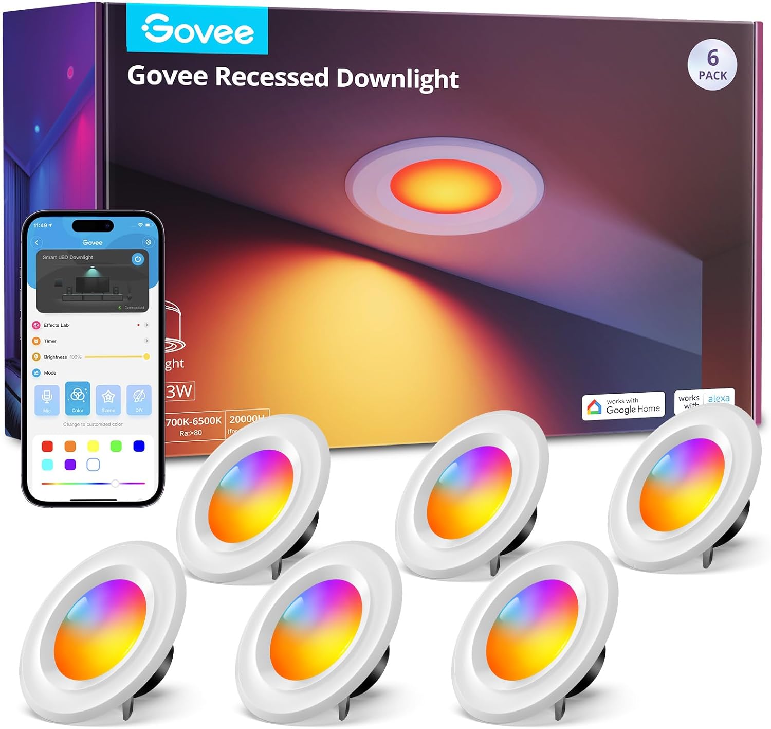 Govee Smart Retrofit Recessed Lighting 6 Inch, Wi-Fi Bluetooth Direct Connect RGBWW Retrofit Can Lights, 65 Scene Modes, Works with Alexa & Google Assistant, 1000 Lumens, 6 Pack