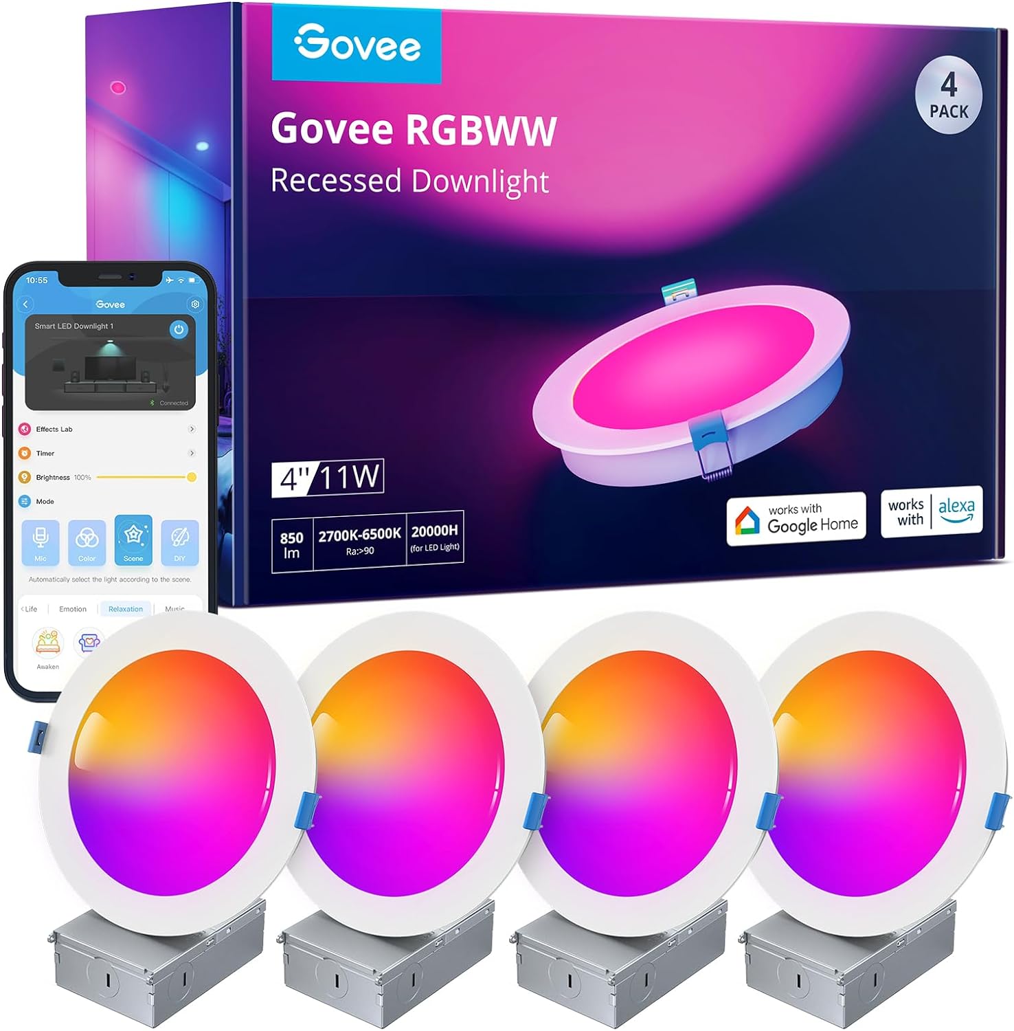 Govee Smart WiFi RGBWW LED Recessed Lighting, 65 Modes, Works with Alexa & Google Assistant, 850 Lumen, 4 Pack