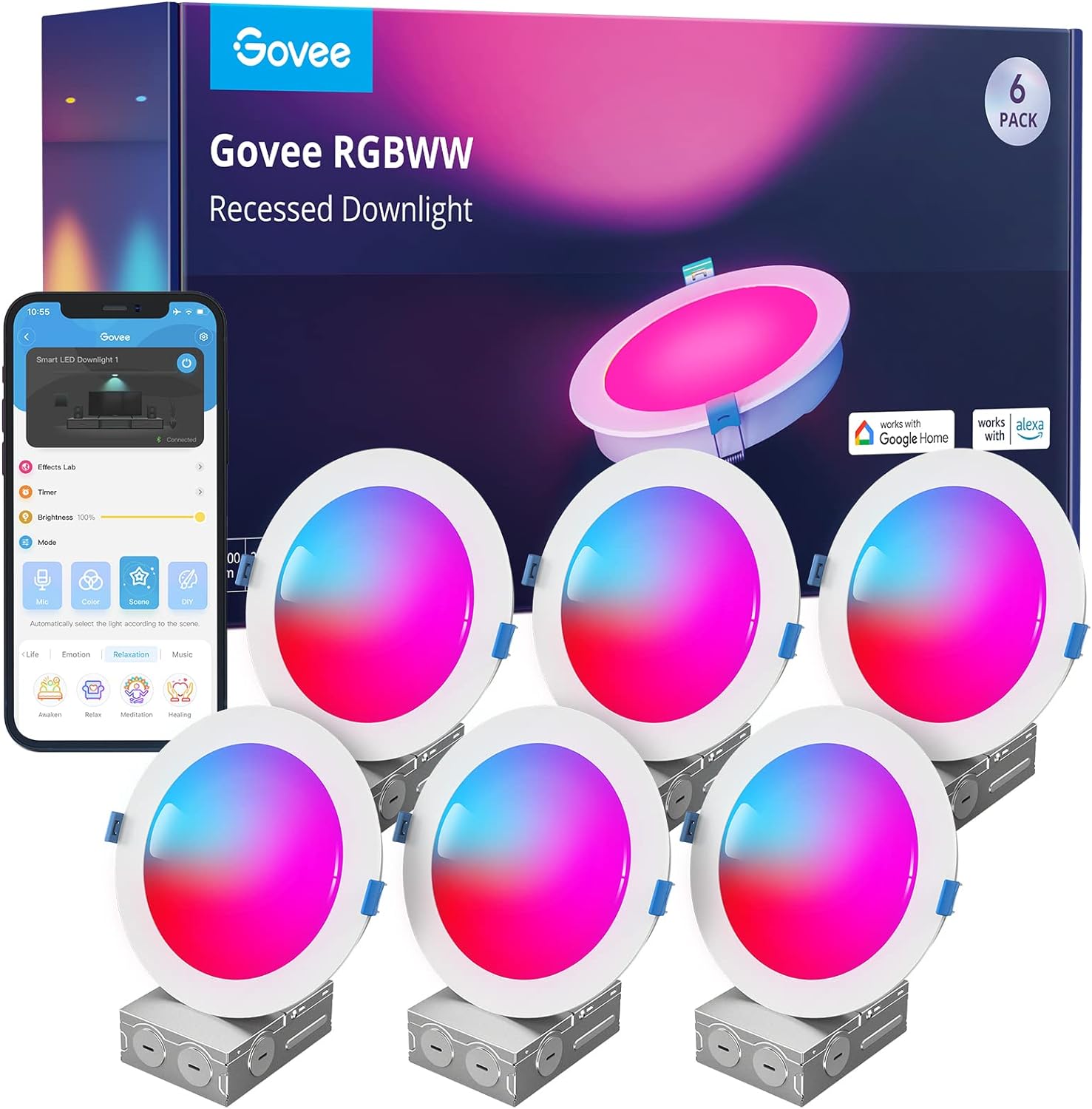 Govee Smart 6-Inch RGBWW LED Downlight, Wi-Fi/Bluetooth, 65 Modes, Works with Alexa/Google, 1100 Lumen, 6 Pack
