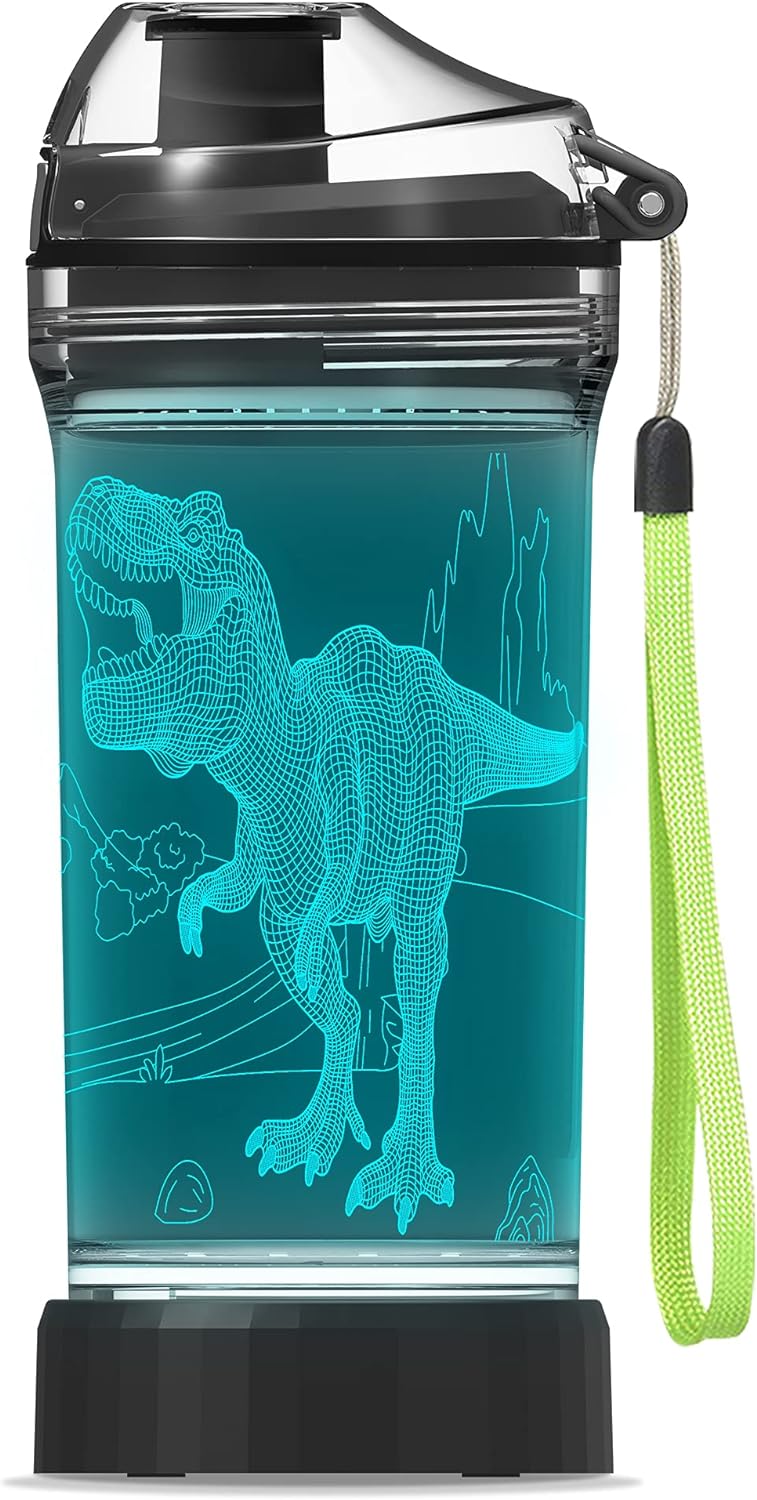 YuanDian Light Up Kids Water Bottle with 3D Dinosaur Tyrannosaurus Rex Design- 14 OZ Tritan BPA Free Eco-Friendly - Cool Drinking Cups Gift for School Kids Boy Girl Child Christmas Holiday