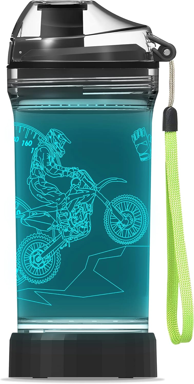 YuanDian Light Up Kids Water Bottle with 3D Dirt Bike Design- 14 OZ Tritan BPA Free Eco-Friendly - Cool Drinking Cups Gift for School Kids Boy Child Motocross Rider