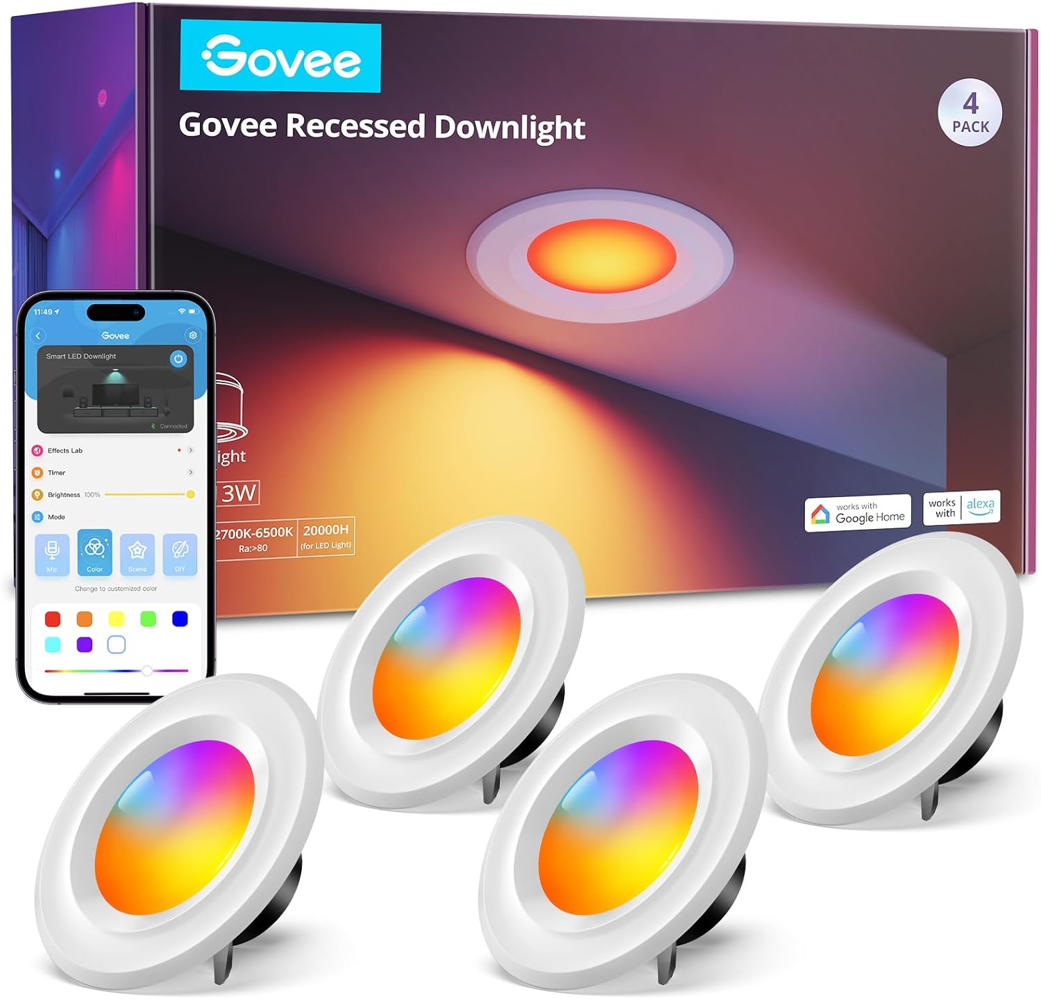 Govee Smart Retrofit Recessed Lighting 6 Inch, Wi-Fi Bluetooth Direct Connect RGBWW Retrofit Can Lights, 65 Scene Modes, Works with Alexa & Google Assistant, 1000 Lumens, 4 Pack