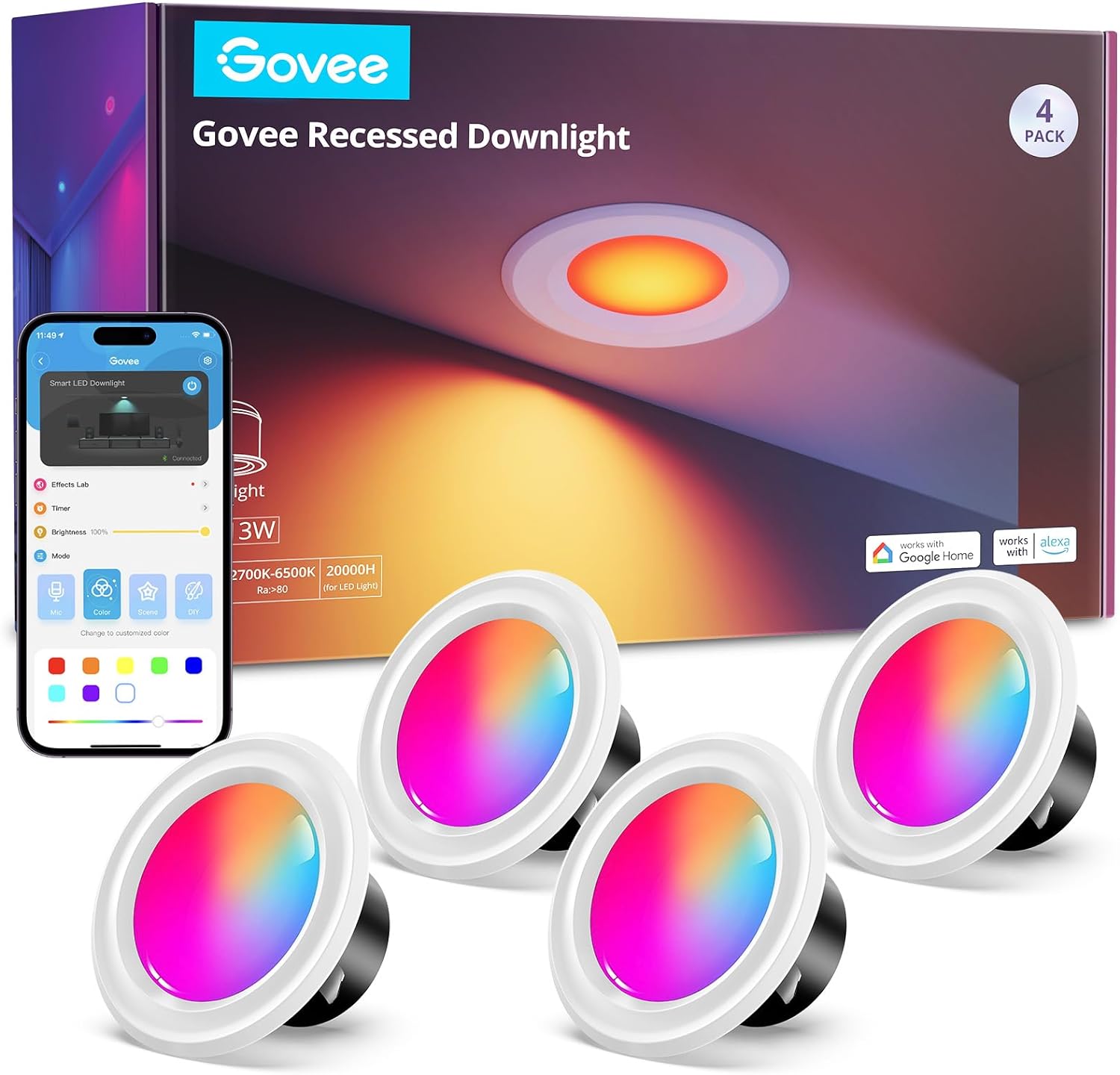 Govee Smart Retrofit Recessed Lighting 4 Inch, Wi-Fi Bluetooth Direct Connect RGBWW Retrofit Can Lights, 65 Scene Modes, Works with Alexa & Google Assistant, 800 Lumens, 4 Pack