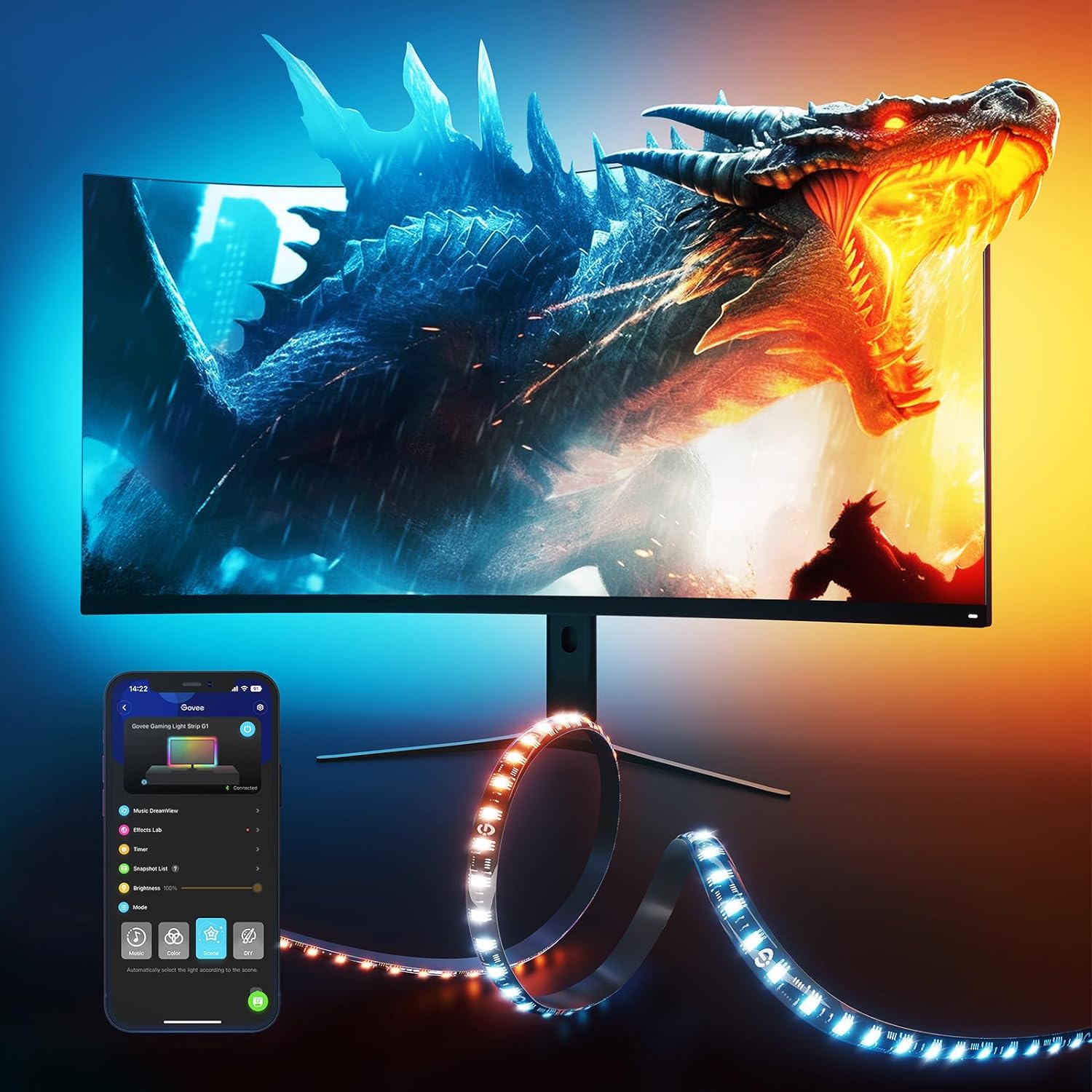 Govee Gaming Light Strip G1 Monitor Backlight for 27-34 Inch PC, Smart RGBIC WiFi LED Lights for Monitors with Color Matching, Adapts to Curved Monitors, Double Strip Light Beads with 123 Scene Modes