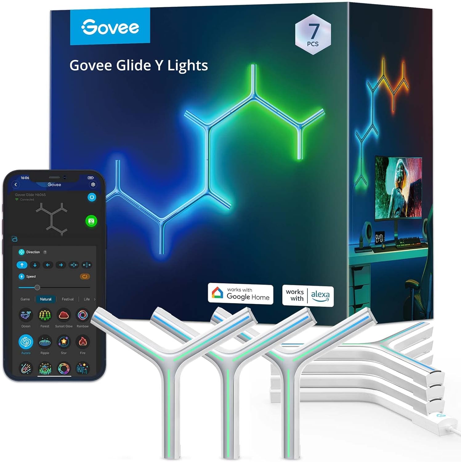 Govee RGBIC LED Glide Y Lights Smart WiFi Wall Lights with Music Sync, Remote Control, 40  Scene Modes for Living Room, Bedroom, Game Room, 7 Pack