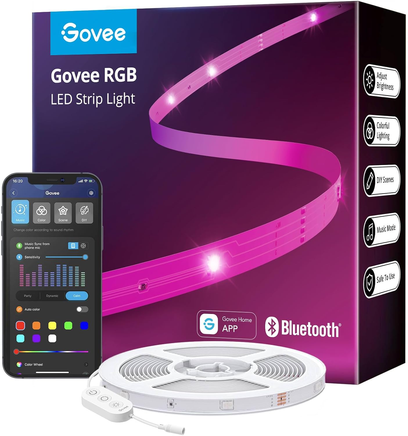 Govee 100ft LED Strip Lights, Bluetooth RGB LED Lights with App Control, 64 Scenes and Music Sync LED Strip Lighting for Bedroom, Living Room, Kitchen, Party, ETL Listed Adapter
