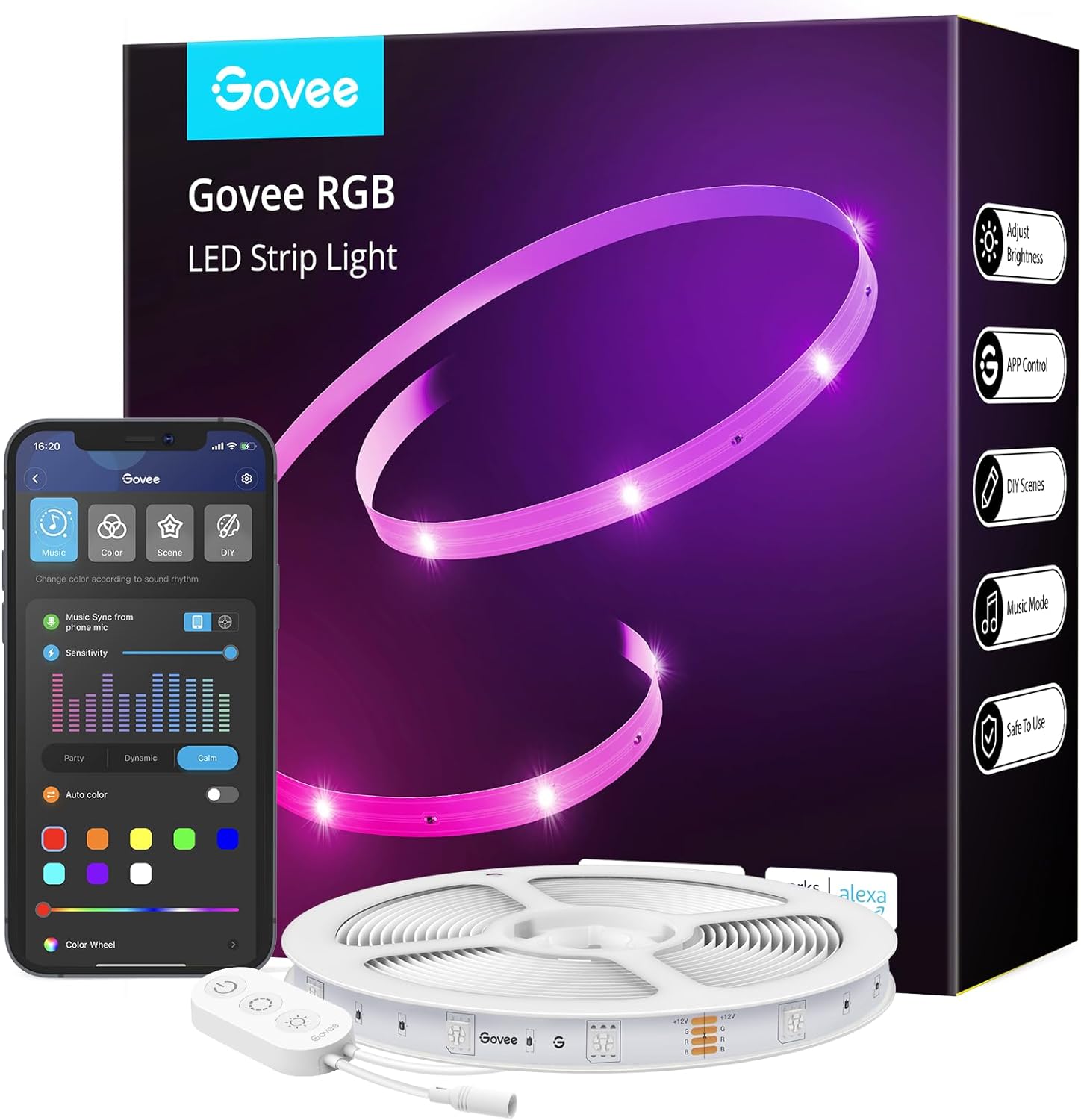 Govee Smart WiFi LED Strip Lights, 50ft RGB Led Strip Lighting Work with Alexa and Google Assistant, Color Changing Light Strip, Music Sync, LED Lights for Bedroom, Valentine&#39; Day, Easy to Install