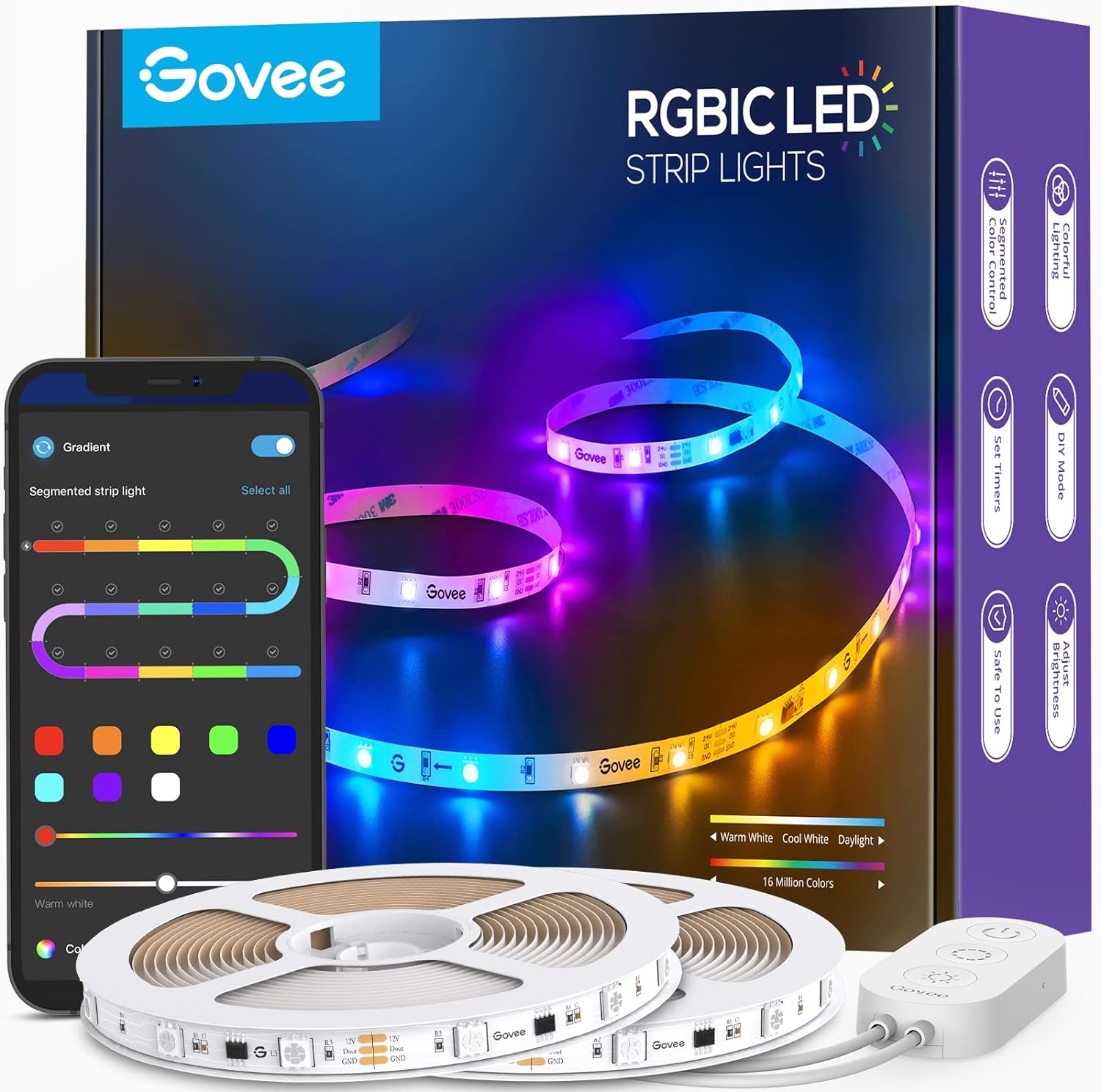 Govee 65.6ft RGBIC LED Strip Lights, Color Changing LED Strips, App Control via Bluetooth, Smart Segmented Control, Multiple Scenes, Enhanced Music Sync LED Lights for Room, Christmas (2 X 32.8ft)